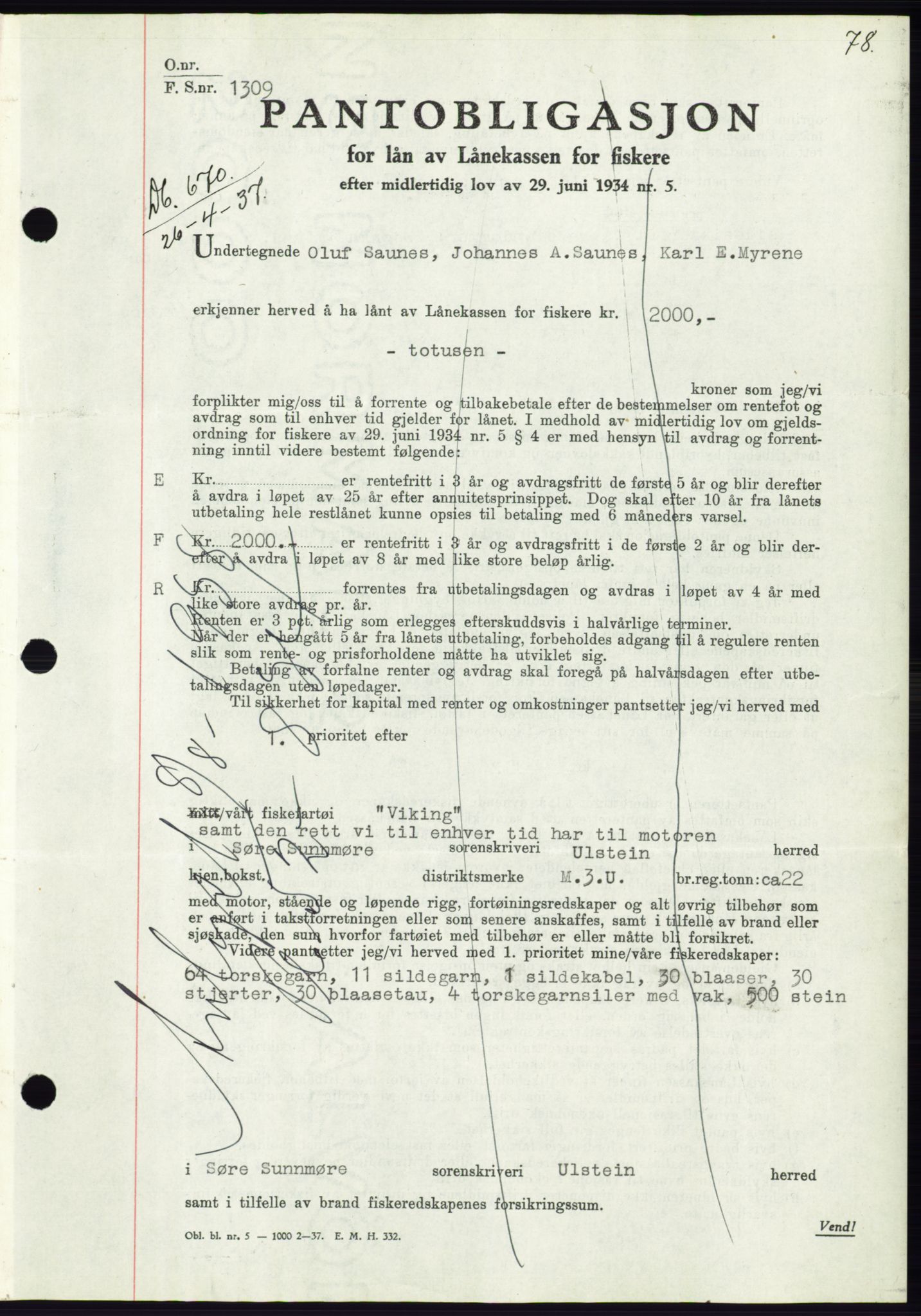 Søre Sunnmøre sorenskriveri, AV/SAT-A-4122/1/2/2C/L0063: Mortgage book no. 57, 1937-1937, Diary no: : 670/1937