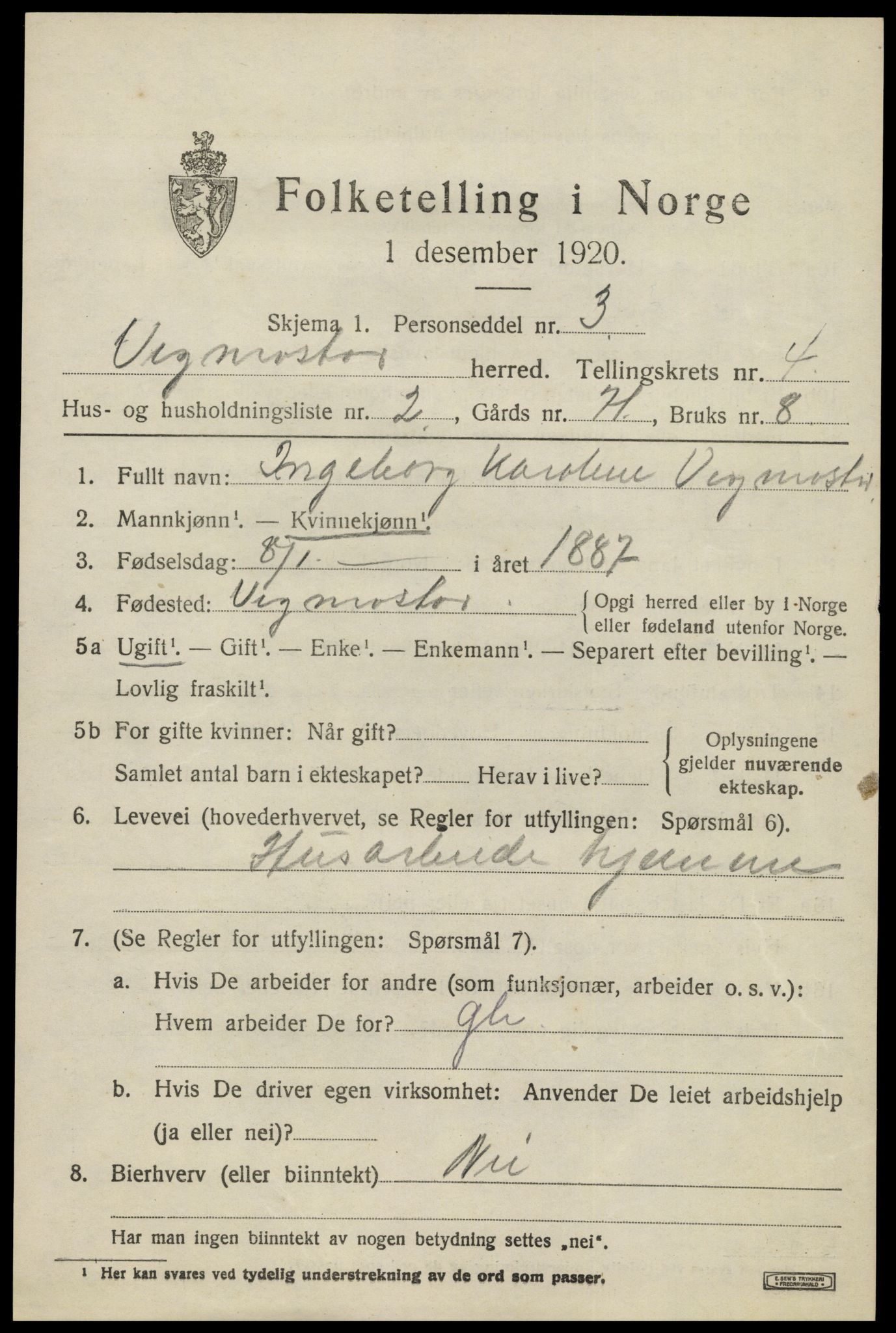 SAK, 1920 census for Vigmostad, 1920, p. 1217
