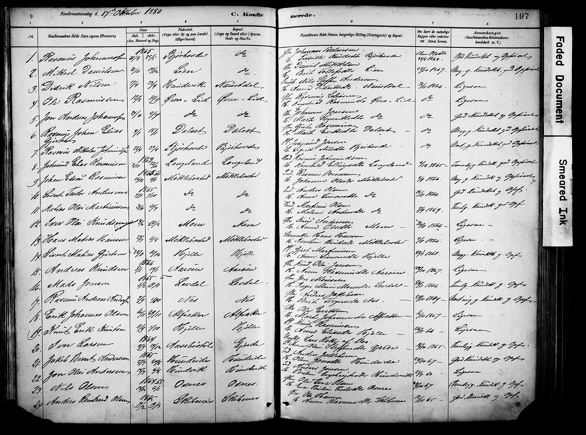 Eid sokneprestembete, AV/SAB-A-82301/H/Haa/Haab/L0001: Parish register (official) no. B 1, 1879-1906, p. 197