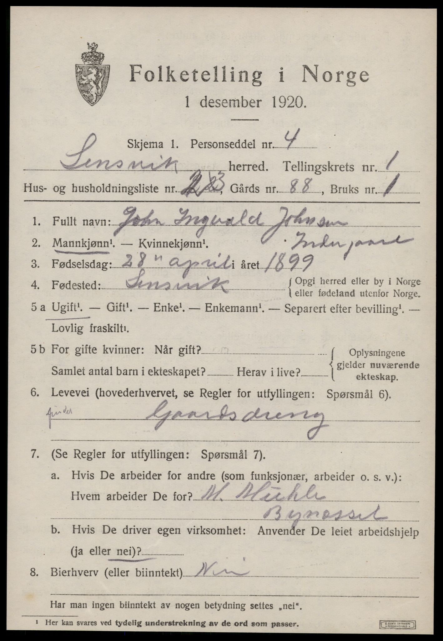 SAT, 1920 census for Lensvik, 1920, p. 670