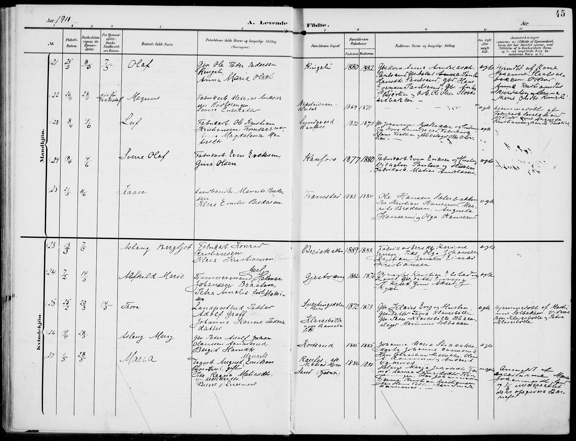 Vestre Toten prestekontor, AV/SAH-PREST-108/H/Ha/Haa/L0014: Parish register (official) no. 14, 1907-1920, p. 45