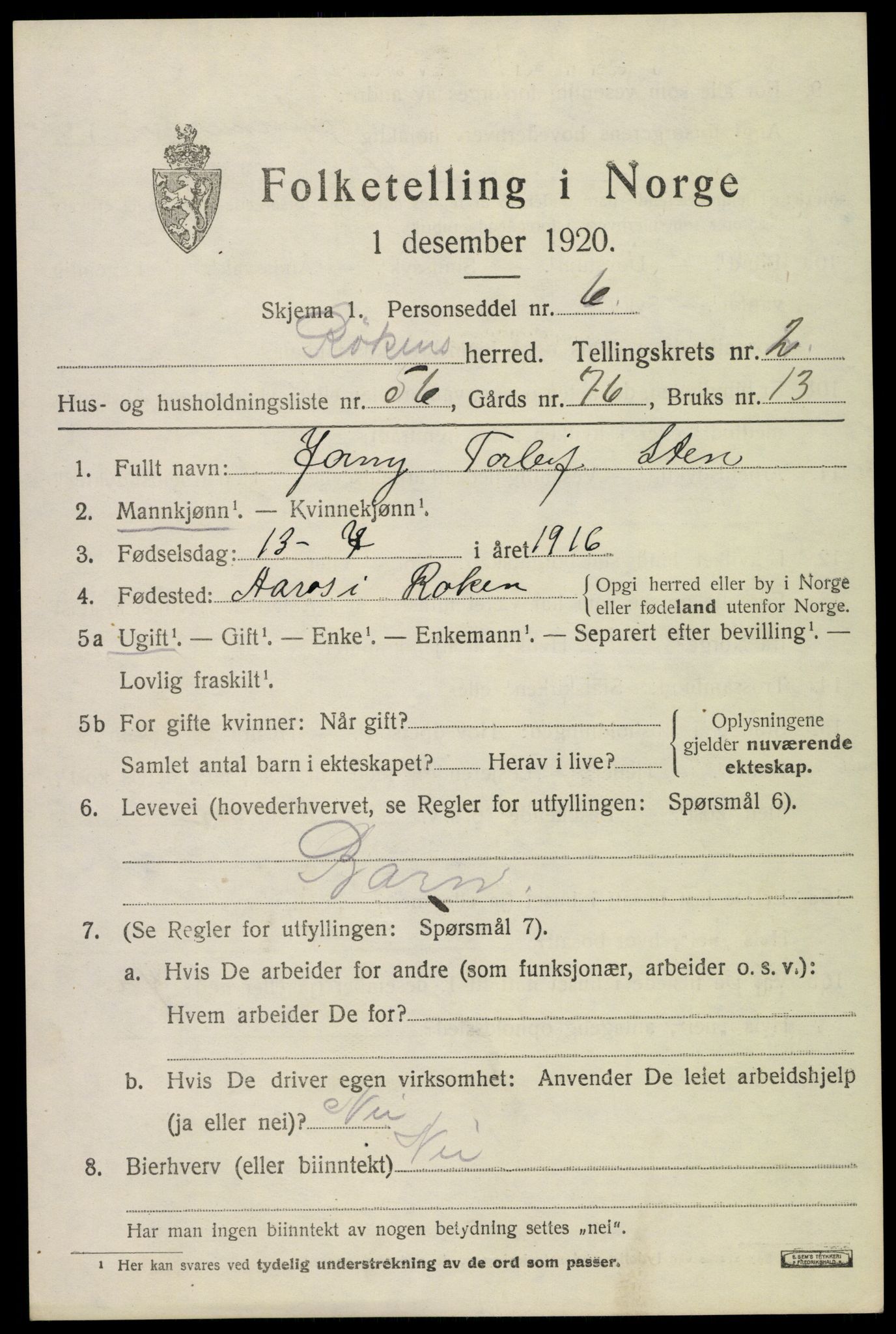 SAKO, 1920 census for Røyken, 1920, p. 3620