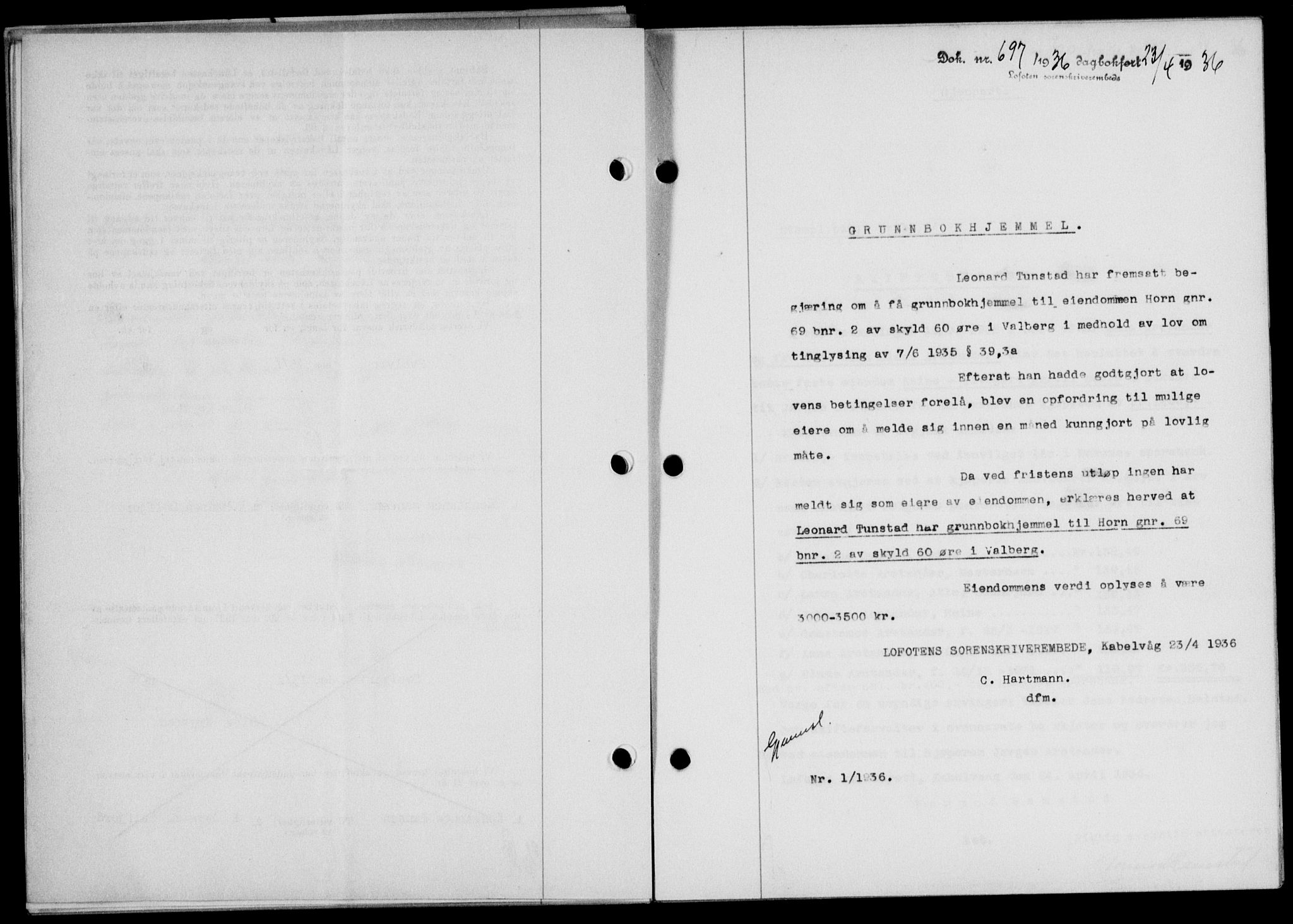 Lofoten sorenskriveri, SAT/A-0017/1/2/2C/L0033b: Mortgage book no. 33b, 1936-1936, Diary no: : 697/1936