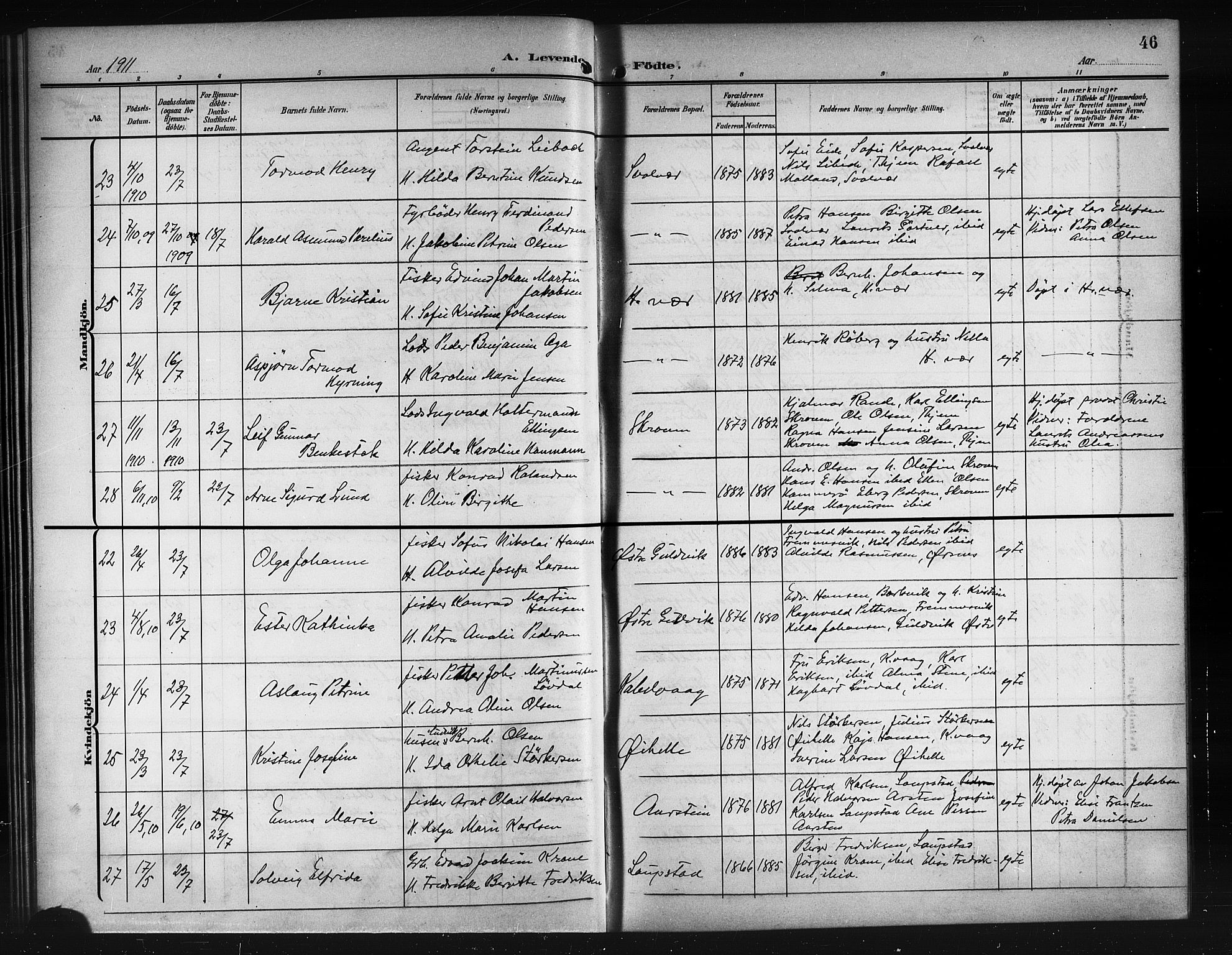 Ministerialprotokoller, klokkerbøker og fødselsregistre - Nordland, AV/SAT-A-1459/874/L1079: Parish register (copy) no. 874C08, 1907-1915, p. 46