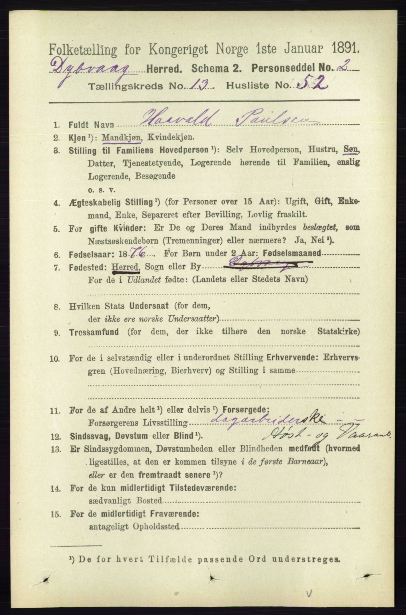 RA, 1891 census for 0915 Dypvåg, 1891, p. 5605