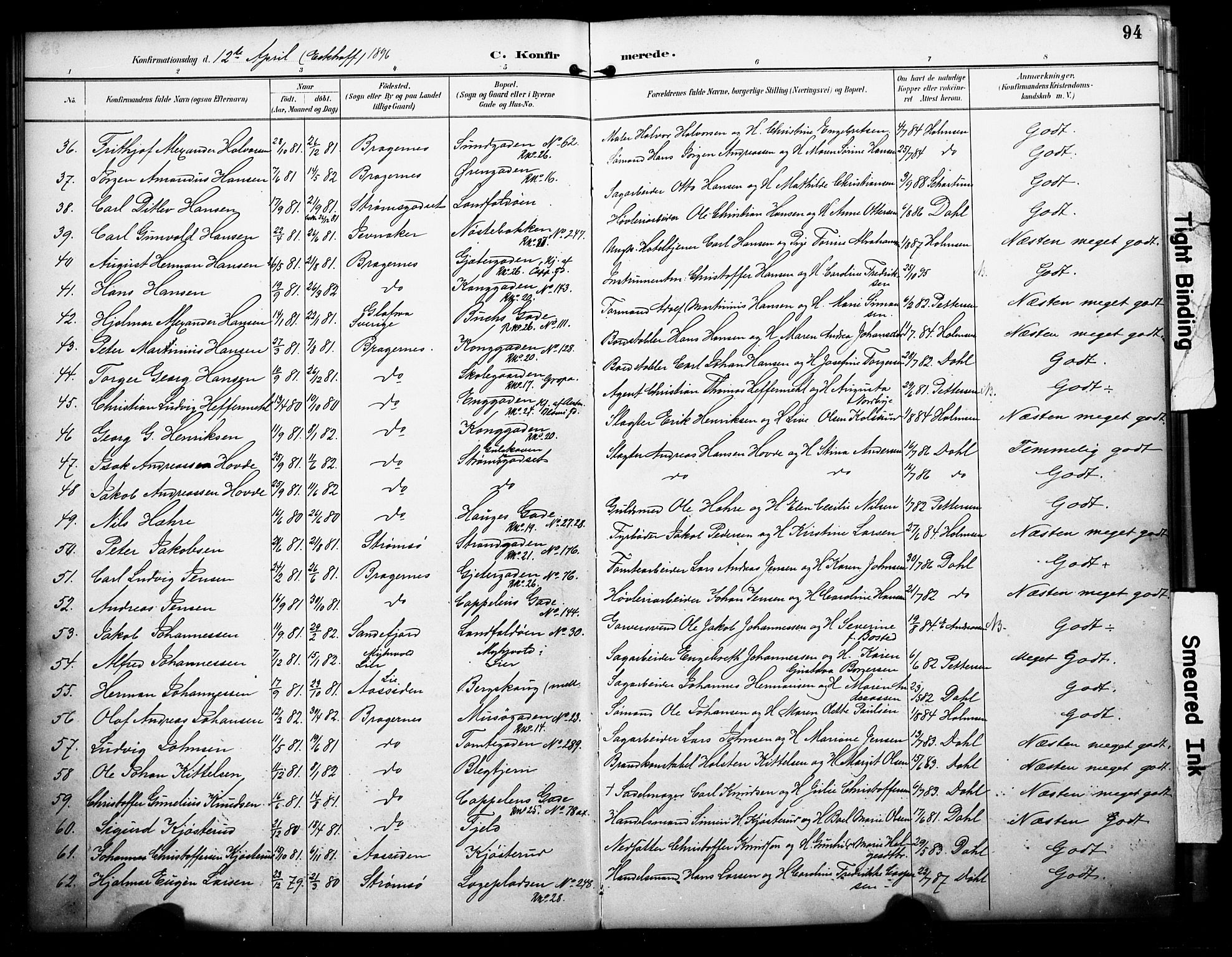 Bragernes kirkebøker, AV/SAKO-A-6/F/Fc/L0006: Parish register (official) no. III 6, 1888-1899, p. 94