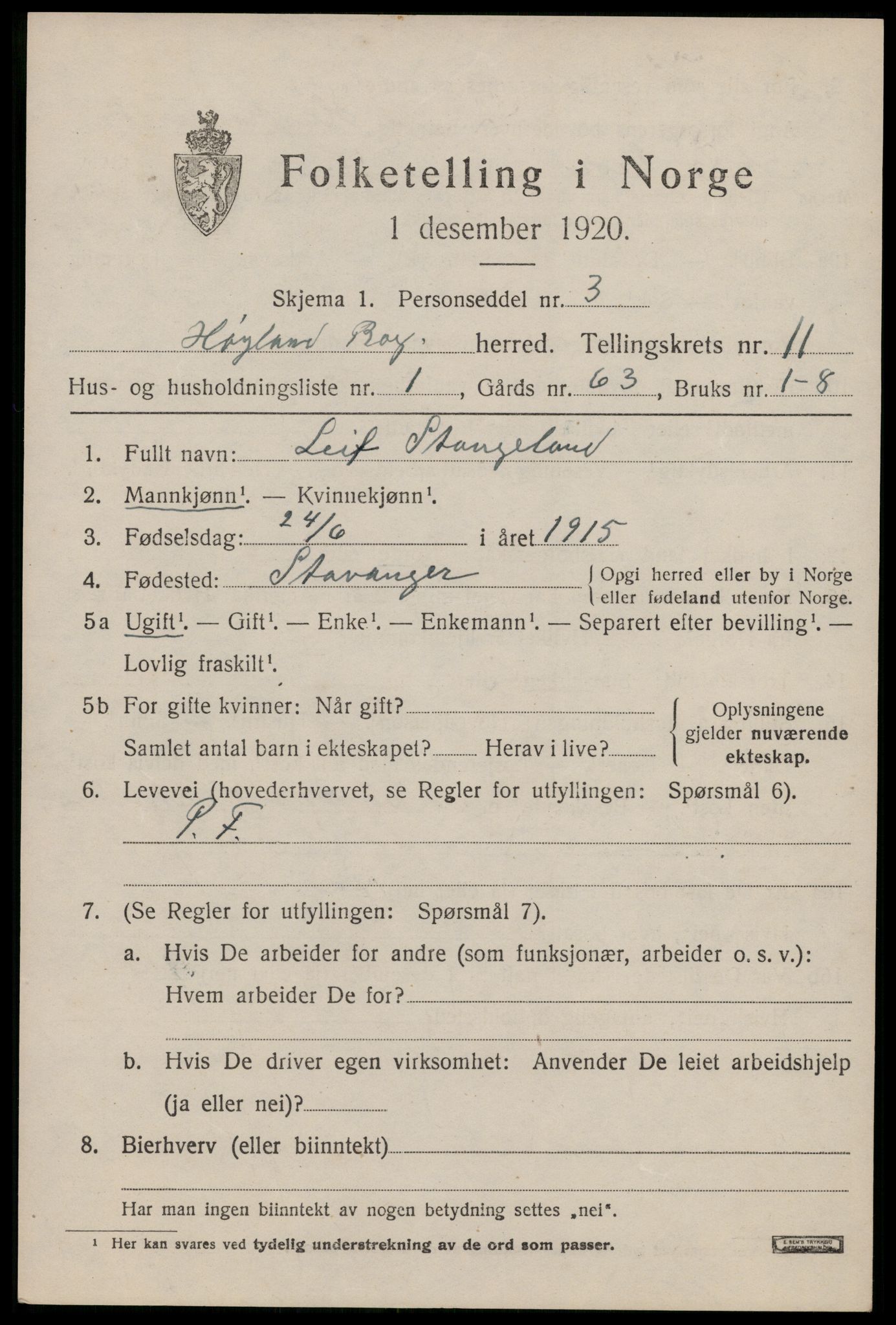 SAST, 1920 census for Høyland, 1920, p. 8670