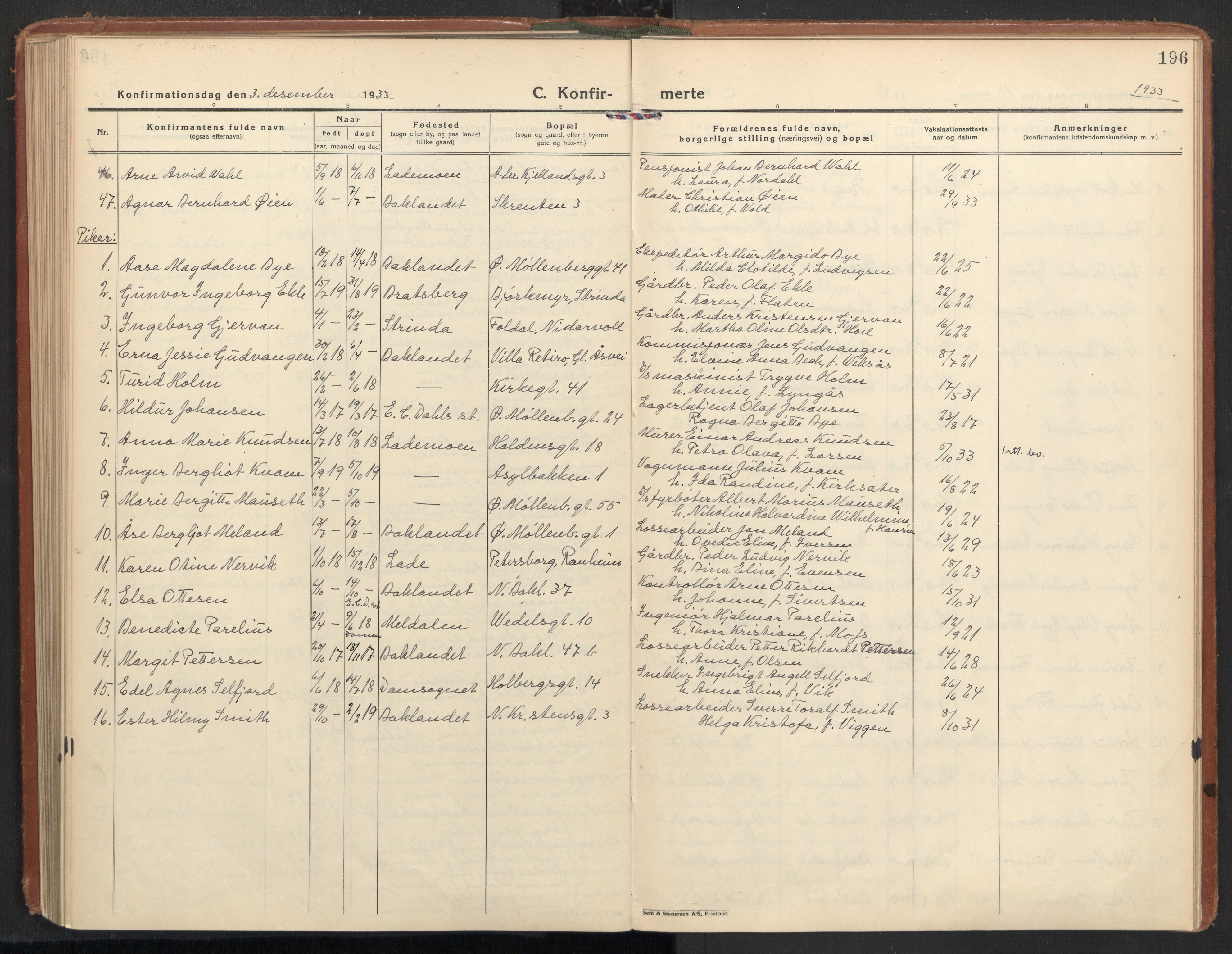 Ministerialprotokoller, klokkerbøker og fødselsregistre - Sør-Trøndelag, SAT/A-1456/604/L0208: Parish register (official) no. 604A28, 1923-1937, p. 196