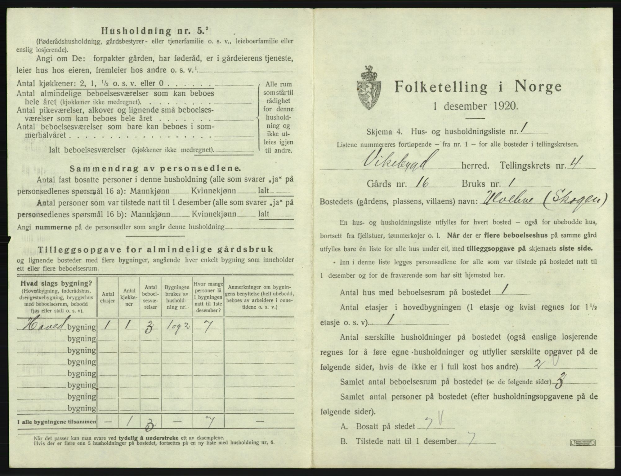 SAB, 1920 census for Vikebygd, 1920, p. 253