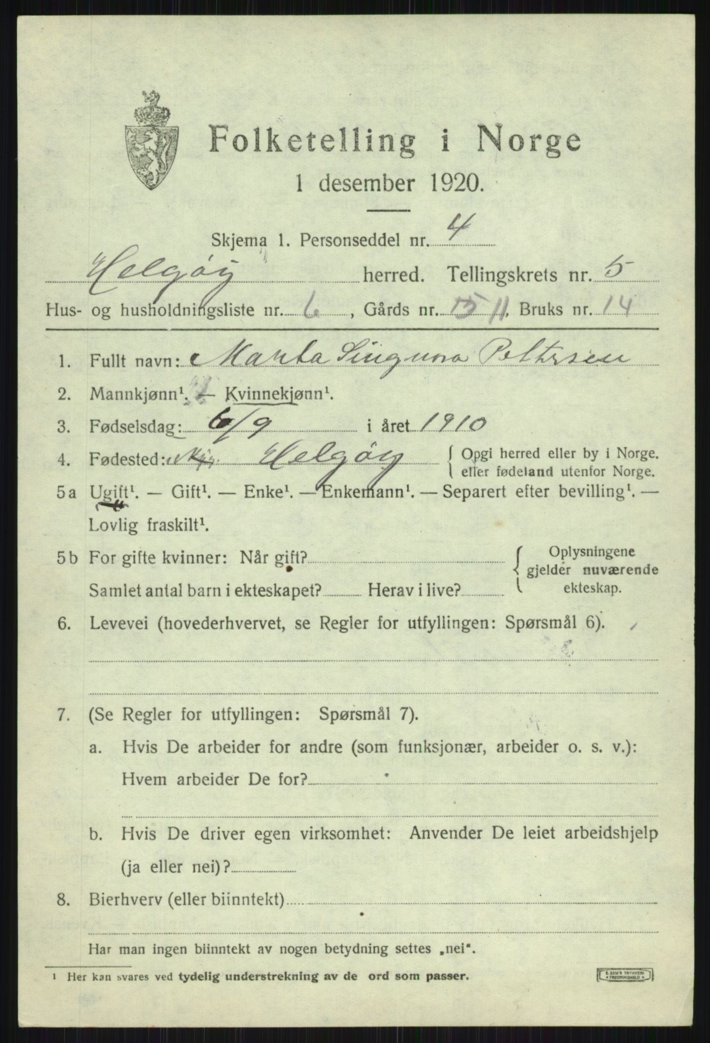 SATØ, 1920 census for Helgøy, 1920, p. 2007