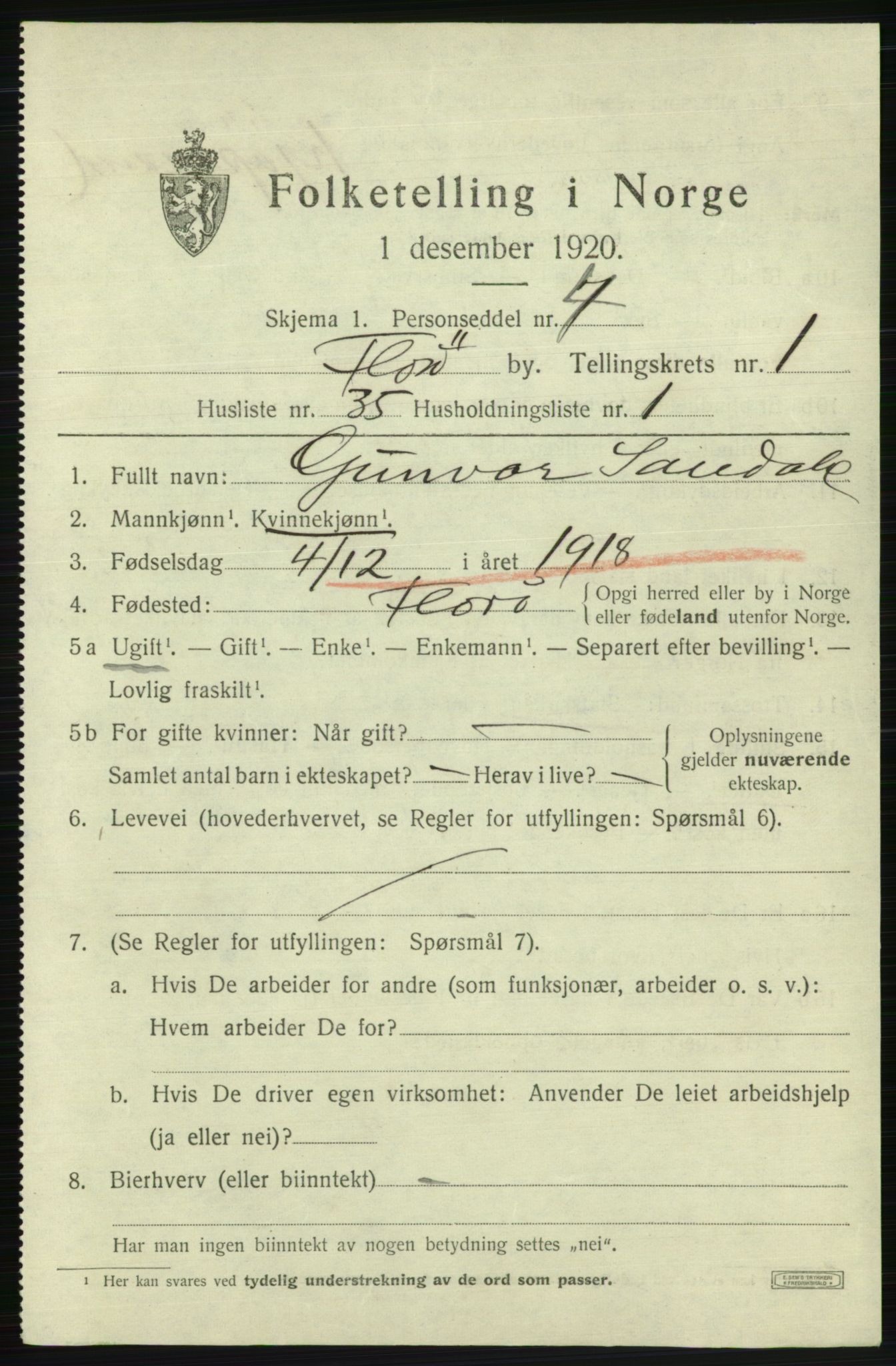 SAB, 1920 census for Florø, 1920, p. 1772