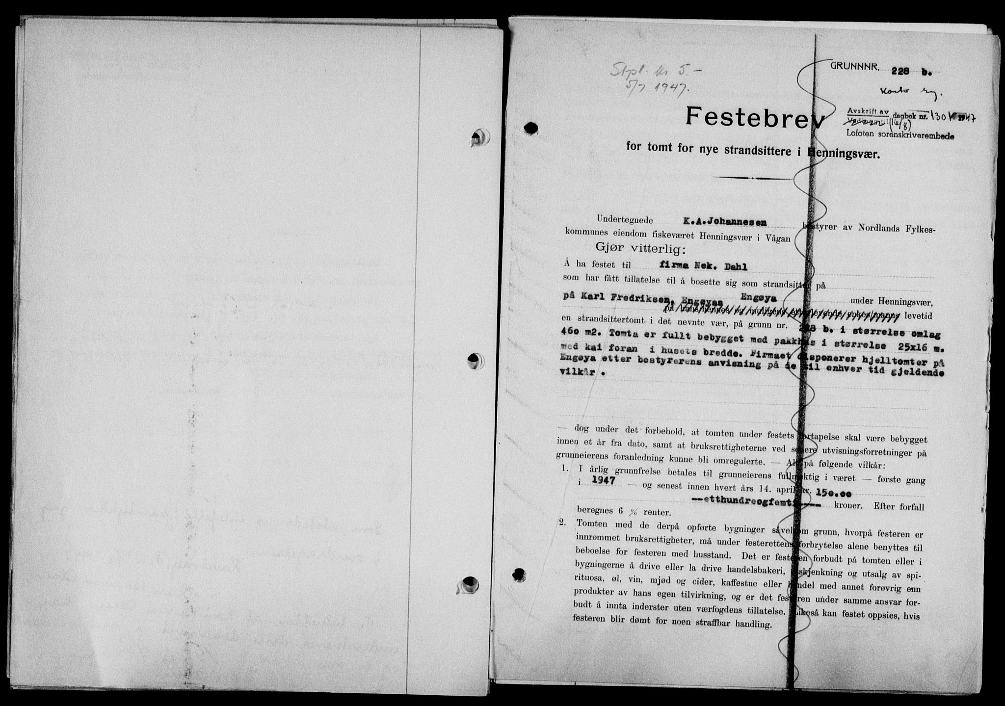 Lofoten sorenskriveri, SAT/A-0017/1/2/2C/L0016a: Mortgage book no. 16a, 1947-1947, Diary no: : 1301/1947