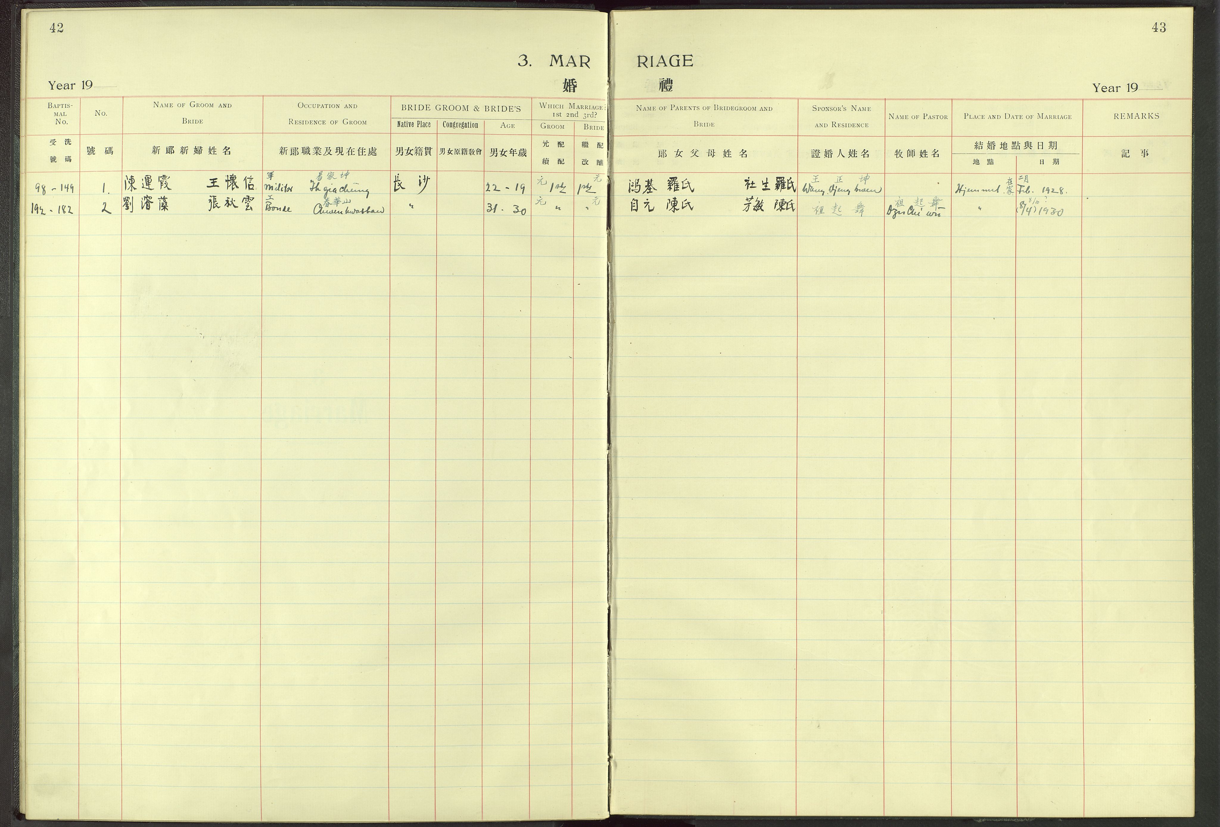 Det Norske Misjonsselskap - utland - Kina (Hunan), VID/MA-A-1065/Dm/L0006: Parish register (official) no. 51, 1912-1948, p. 42-43
