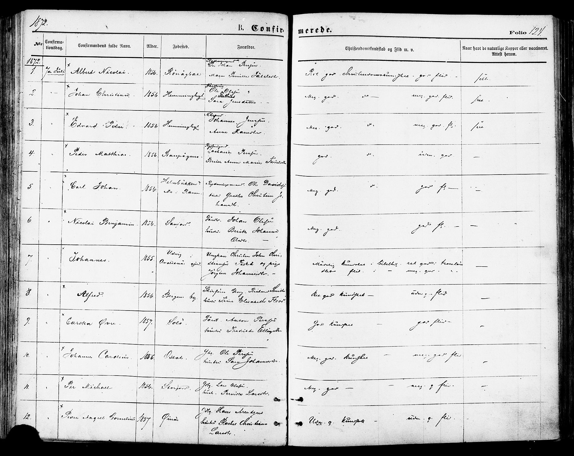 Ministerialprotokoller, klokkerbøker og fødselsregistre - Nordland, AV/SAT-A-1459/846/L0645: Parish register (official) no. 846A03, 1872-1886, p. 124
