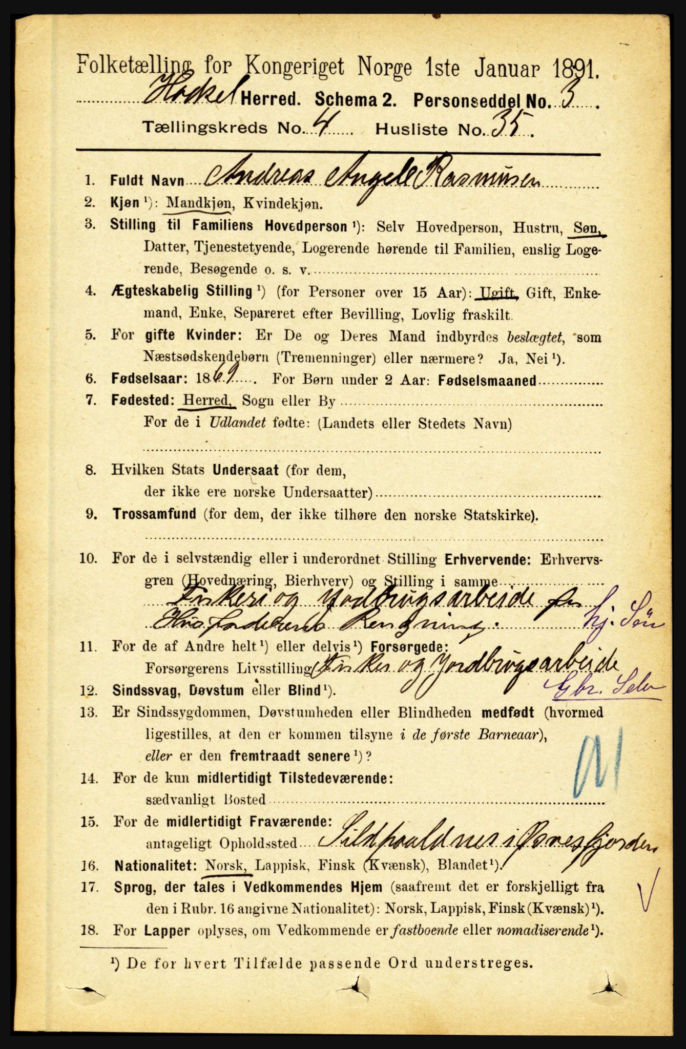 RA, 1891 census for 1866 Hadsel, 1891, p. 1926