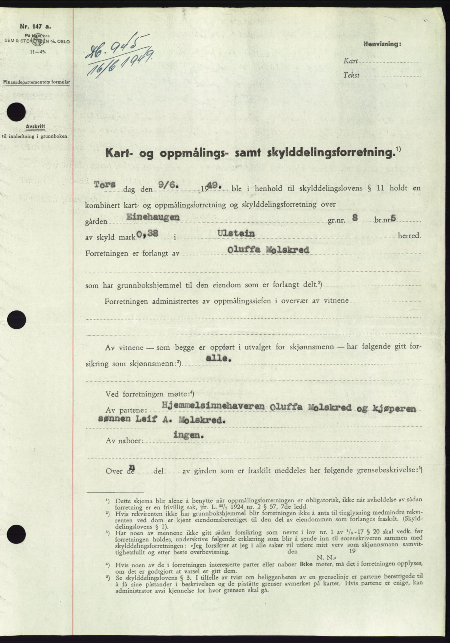 Søre Sunnmøre sorenskriveri, AV/SAT-A-4122/1/2/2C/L0084: Mortgage book no. 10A, 1949-1949, Diary no: : 945/1949