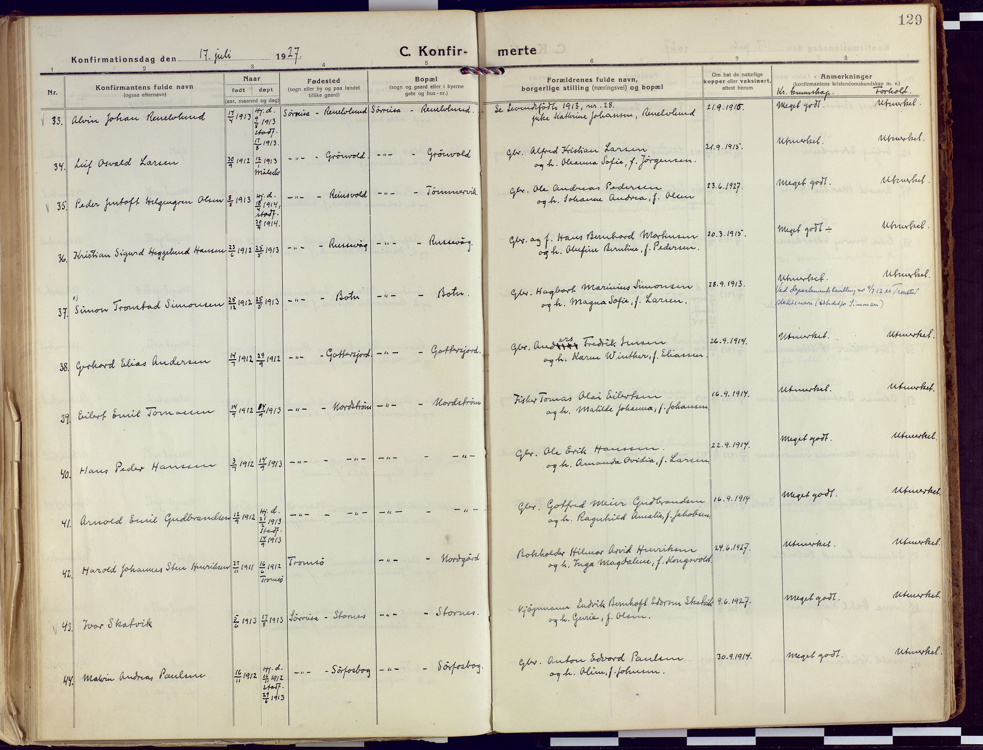 Tranøy sokneprestkontor, AV/SATØ-S-1313/I/Ia/Iaa/L0015kirke: Parish register (official) no. 15, 1919-1928, p. 129