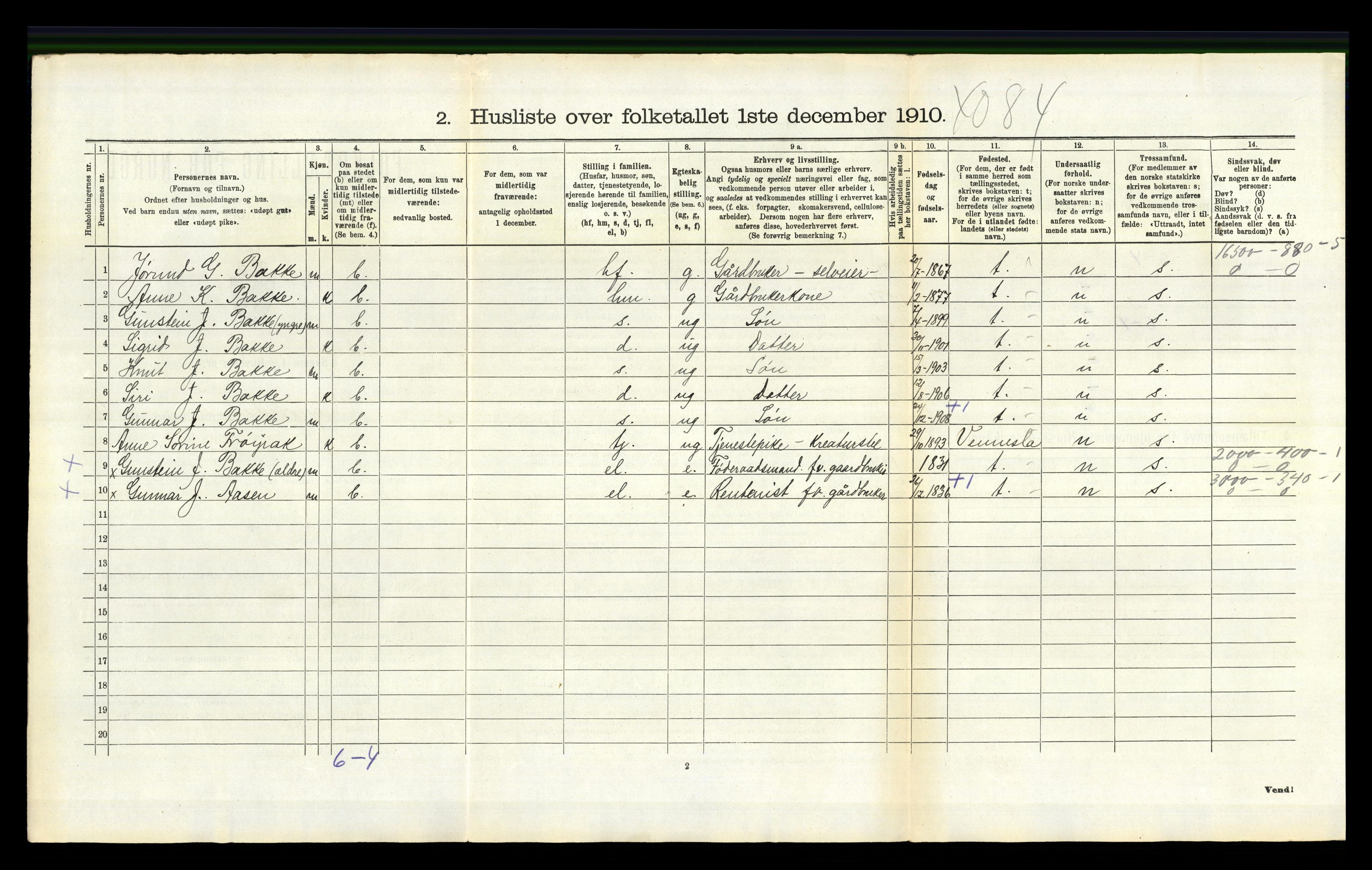 RA, 1910 census for Bygland, 1910, p. 210