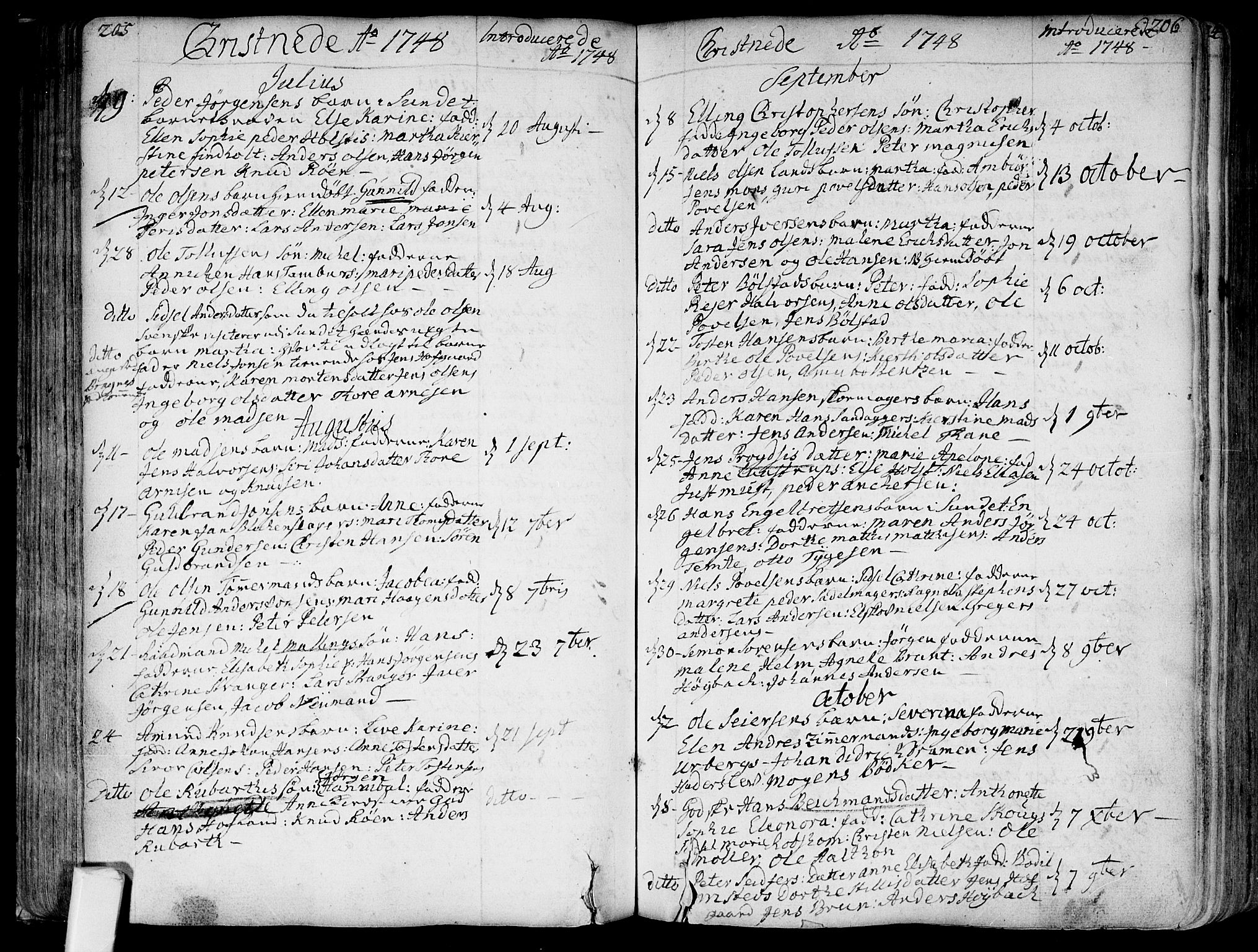 Bragernes kirkebøker, SAKO/A-6/F/Fa/L0004: Parish register (official) no. I 4, 1734-1759, p. 205-206