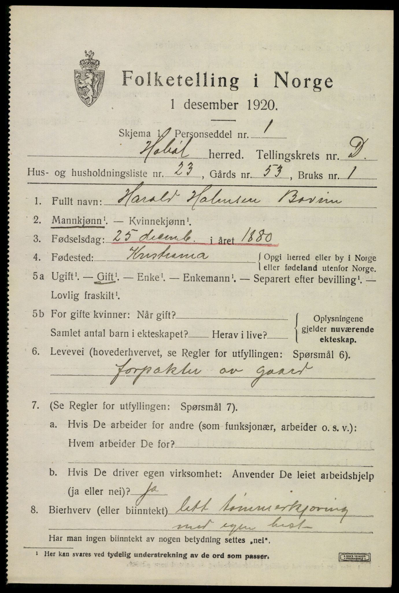SAO, 1920 census for Hobøl, 1920, p. 3068