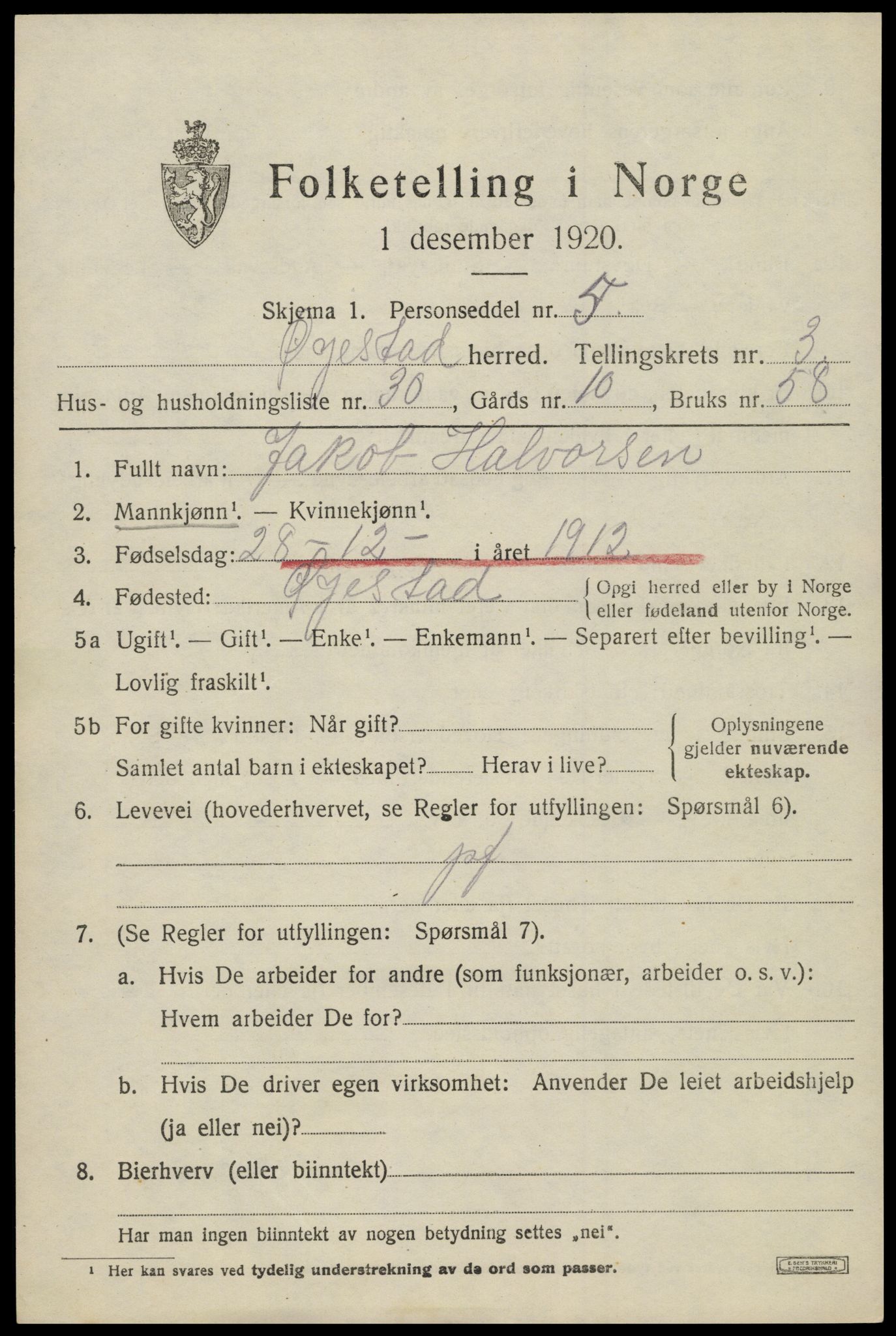 SAK, 1920 census for Øyestad, 1920, p. 2992