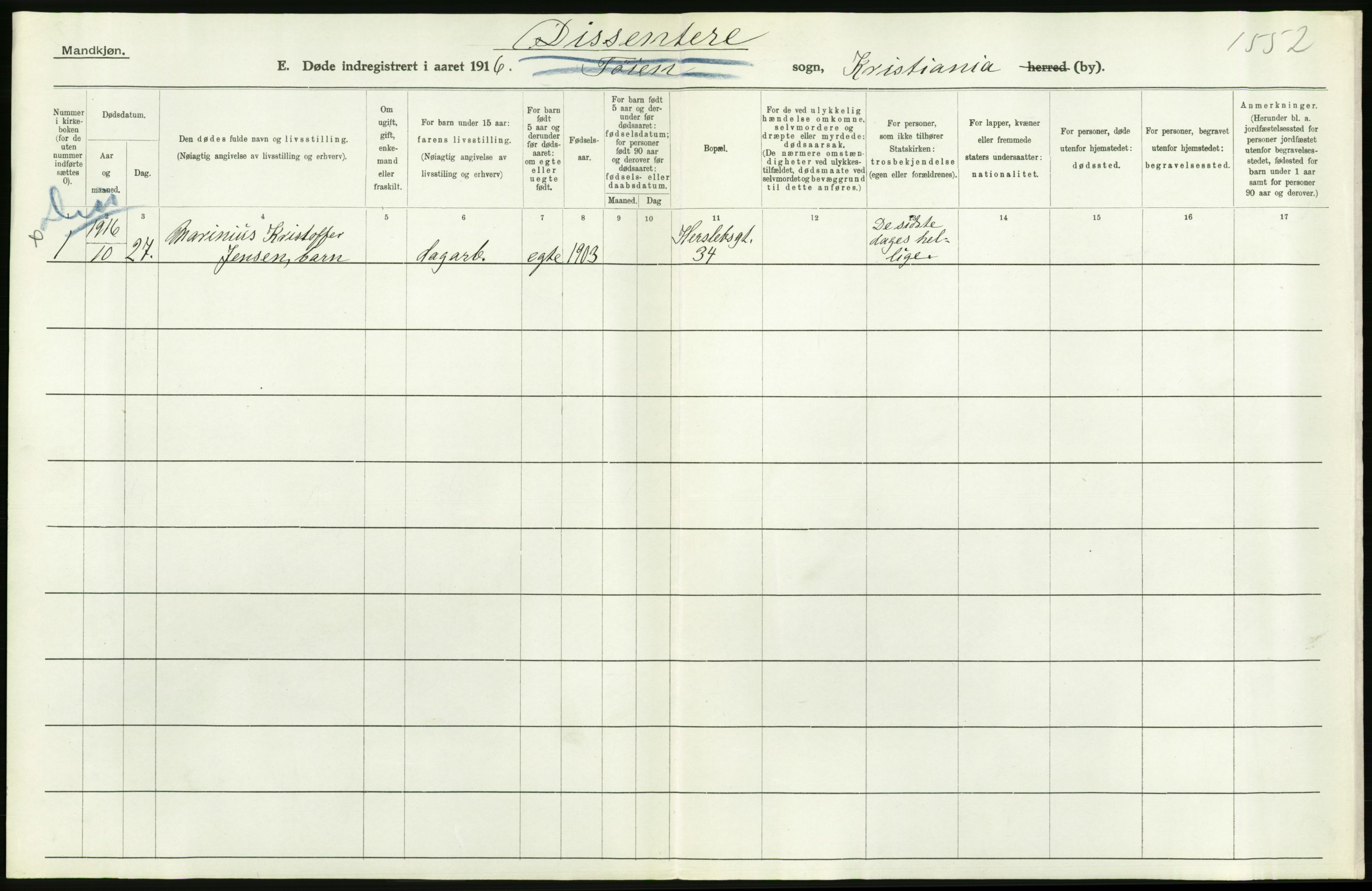 Statistisk sentralbyrå, Sosiodemografiske emner, Befolkning, AV/RA-S-2228/D/Df/Dfb/Dfbf/L0009: Kristiania: Døde., 1916, p. 500