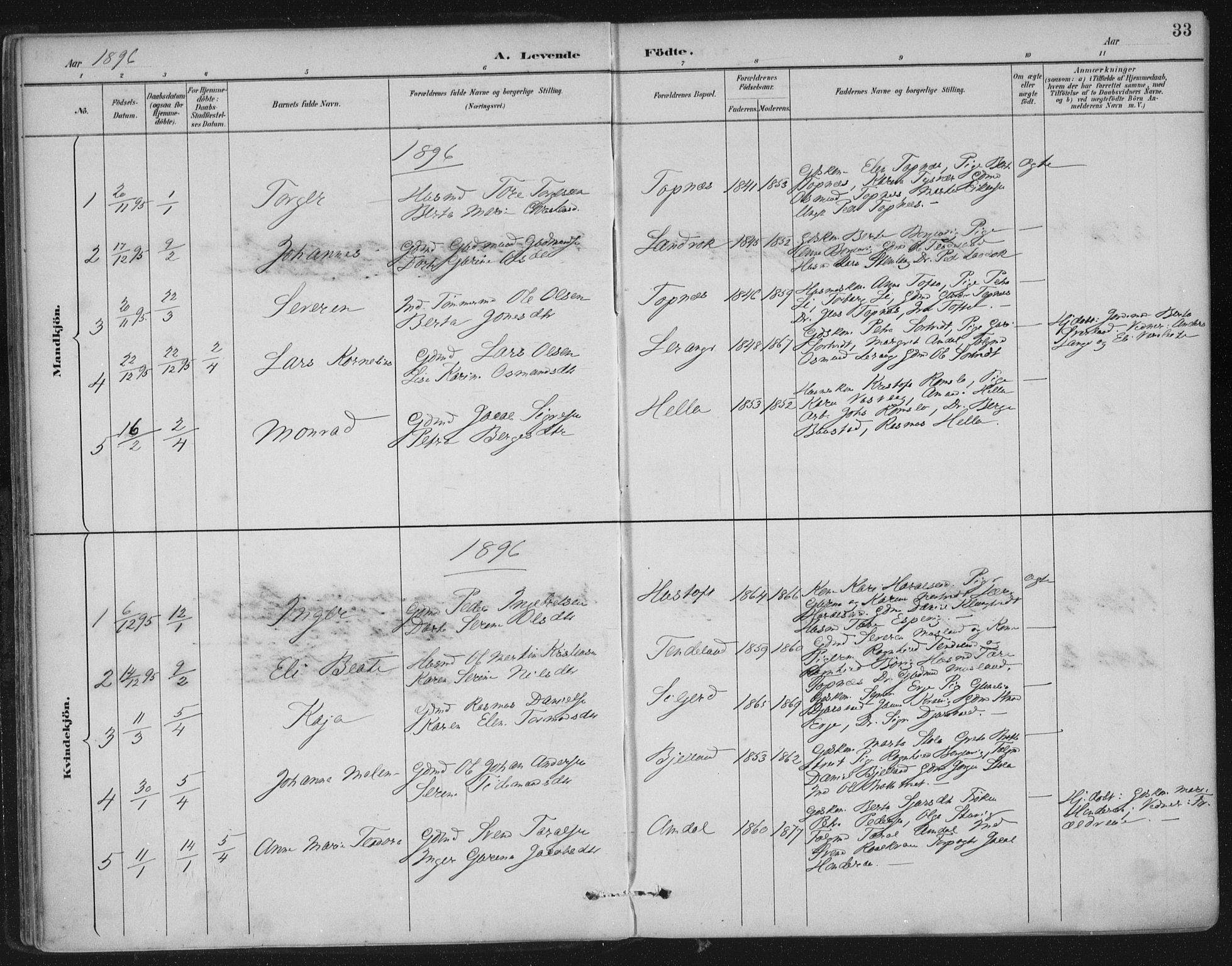 Nedstrand sokneprestkontor, SAST/A-101841/01/IV: Parish register (official) no. A 12, 1887-1915, p. 33