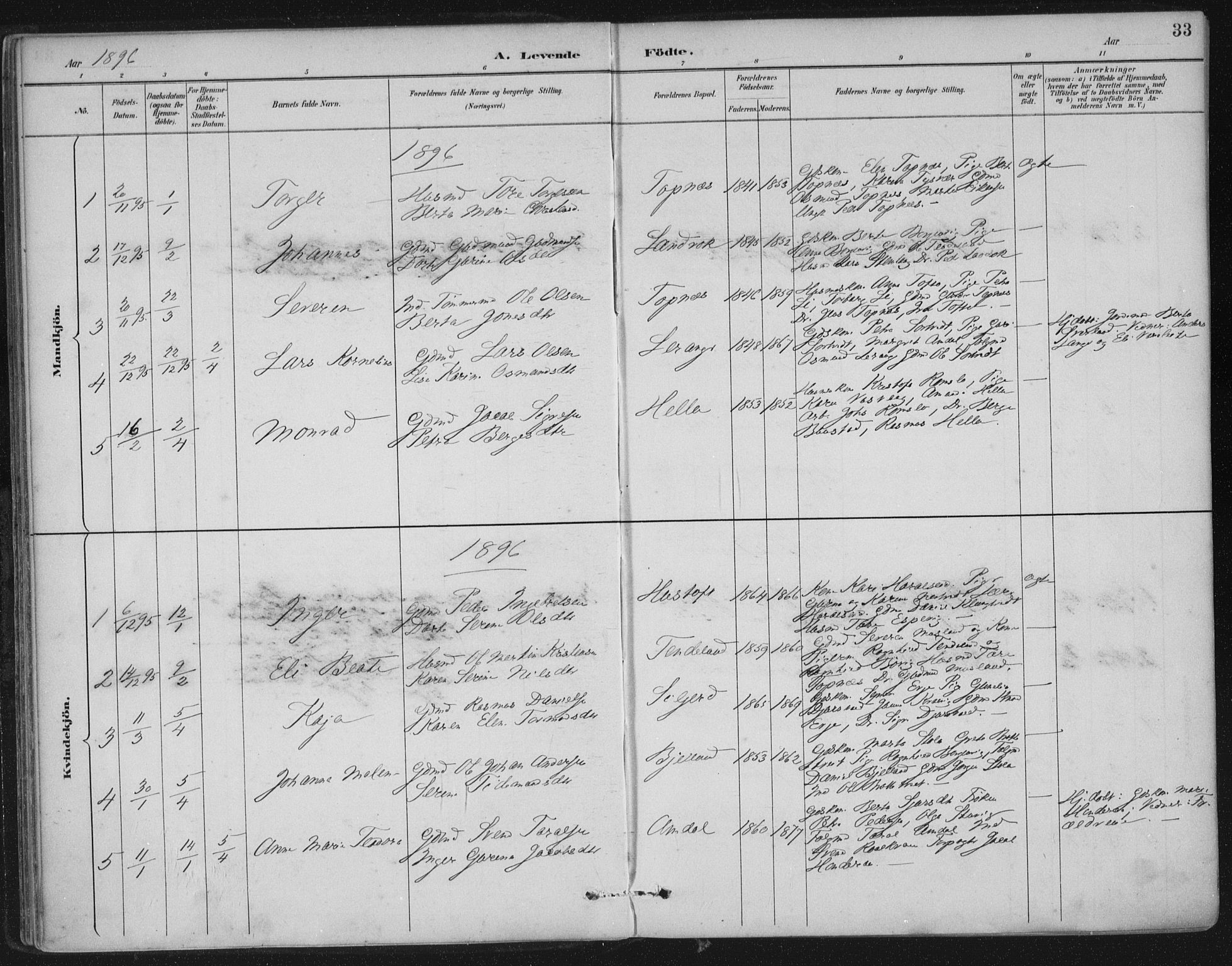 Nedstrand sokneprestkontor, AV/SAST-A-101841/01/IV: Parish register (official) no. A 12, 1887-1915, p. 33