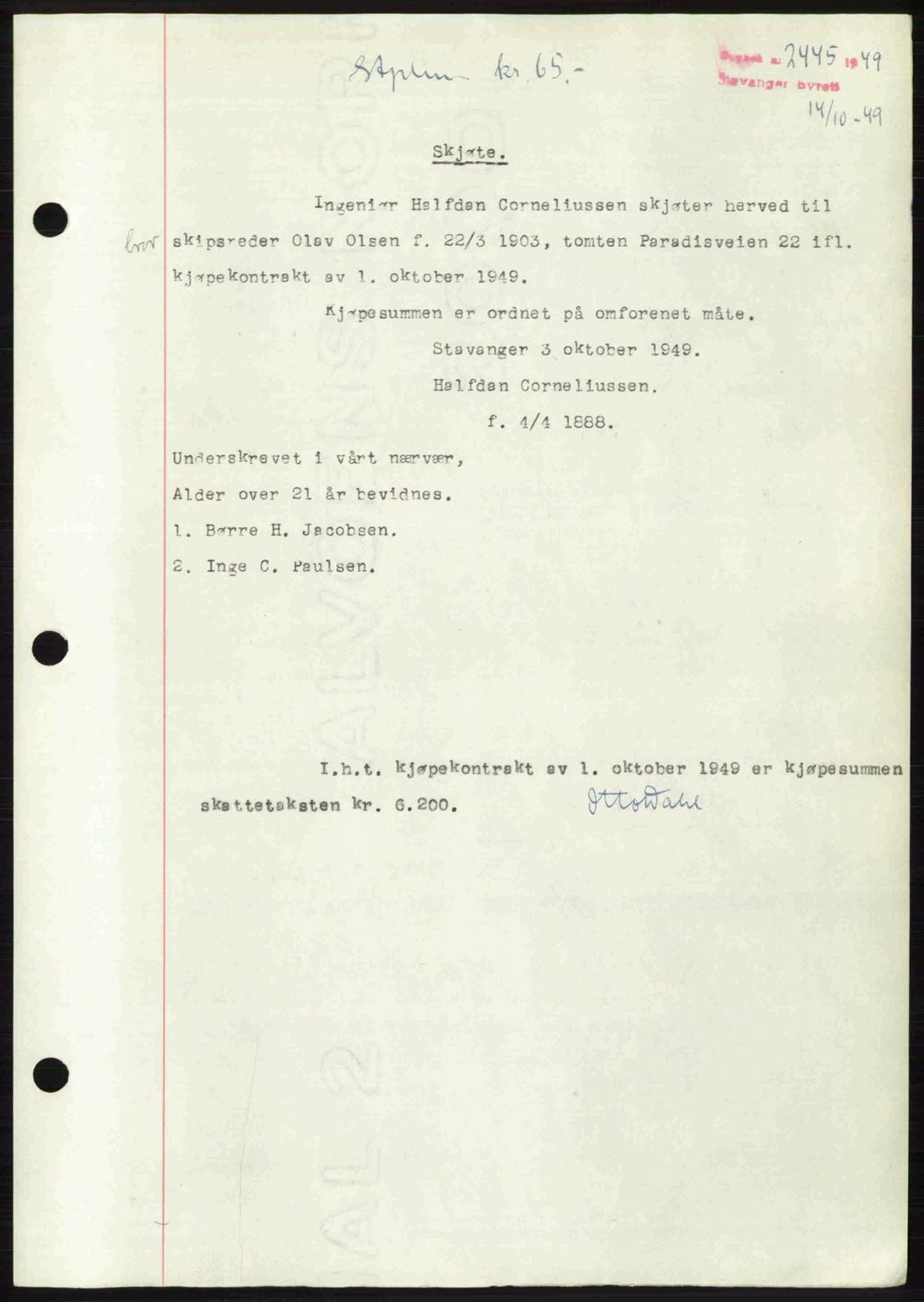 Stavanger byrett, SAST/A-100455/002/G/Gb/L0023: Mortgage book no. A12, 1948-1949, Diary no: : 2445/1949