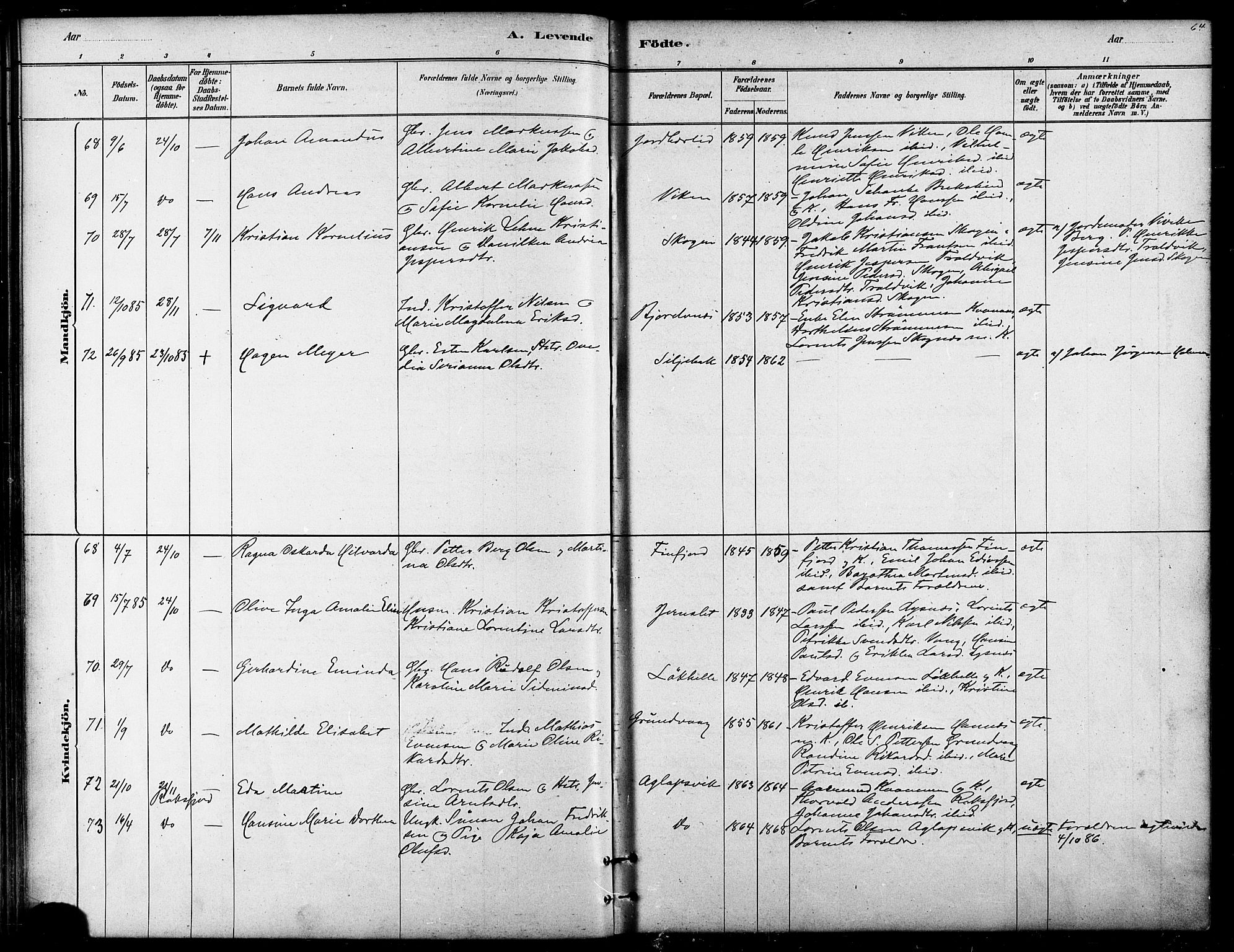 Lenvik sokneprestembete, SATØ/S-1310/H/Ha/Haa/L0011kirke: Parish register (official) no. 11, 1880-1889, p. 64