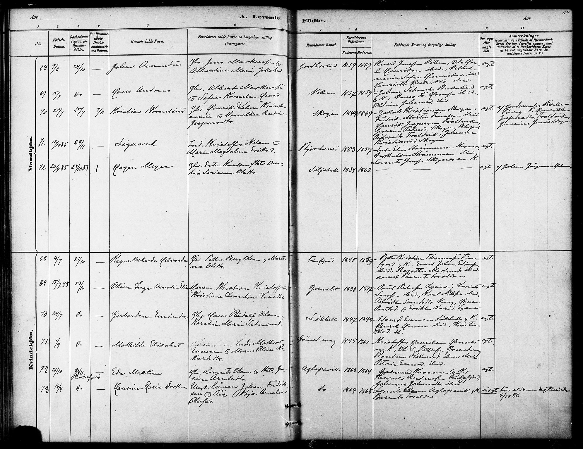 Lenvik sokneprestembete, AV/SATØ-S-1310/H/Ha/Haa/L0011kirke: Parish register (official) no. 11, 1880-1889, p. 64