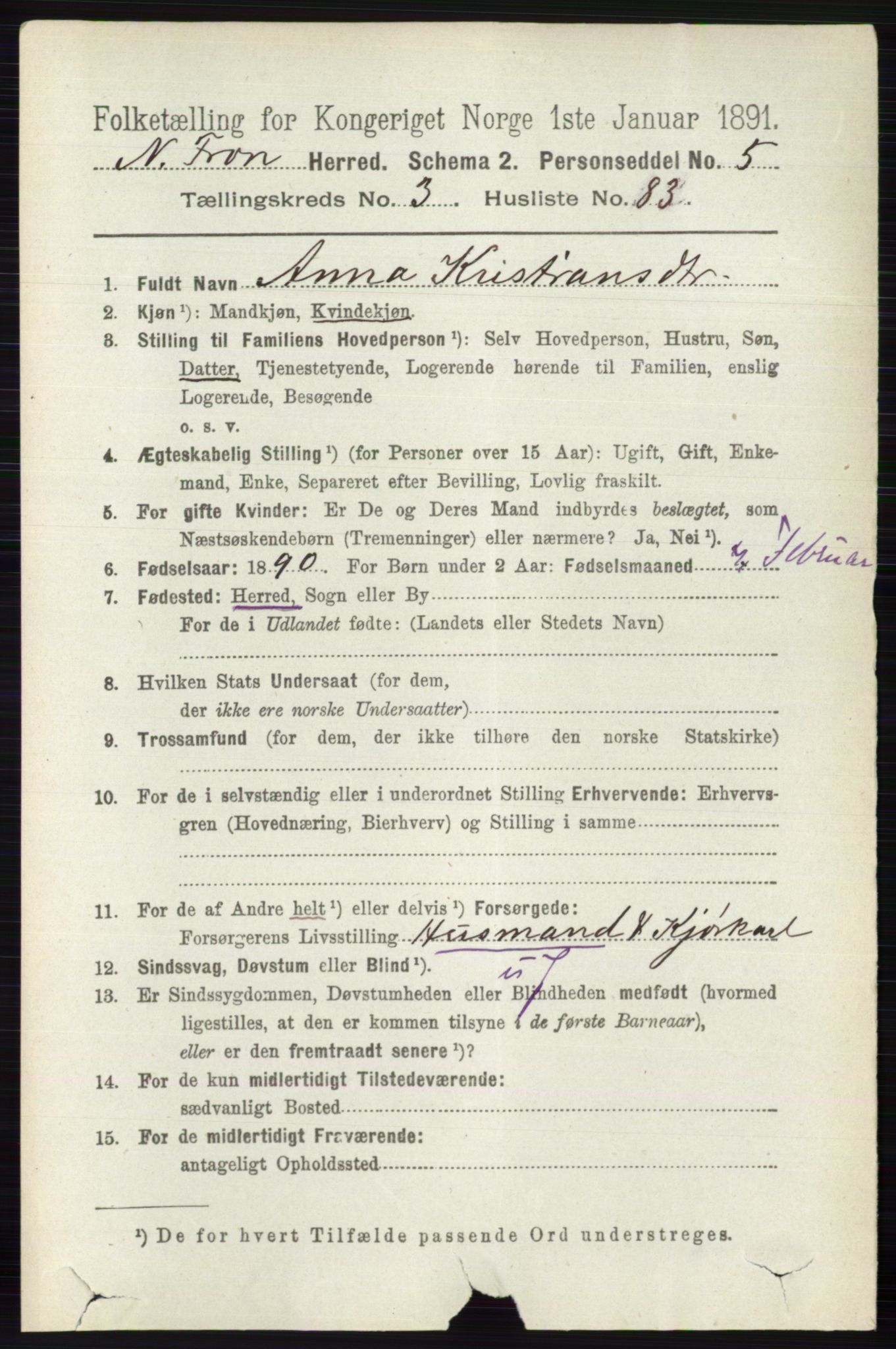 RA, 1891 census for 0518 Nord-Fron, 1891, p. 1377