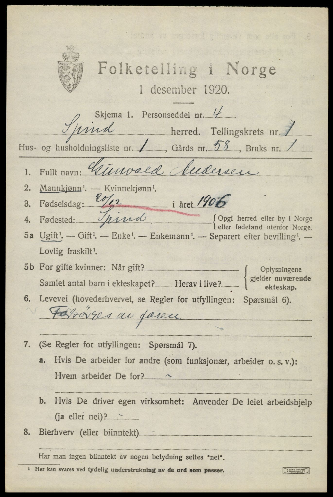 SAK, 1920 census for Spind, 1920, p. 573