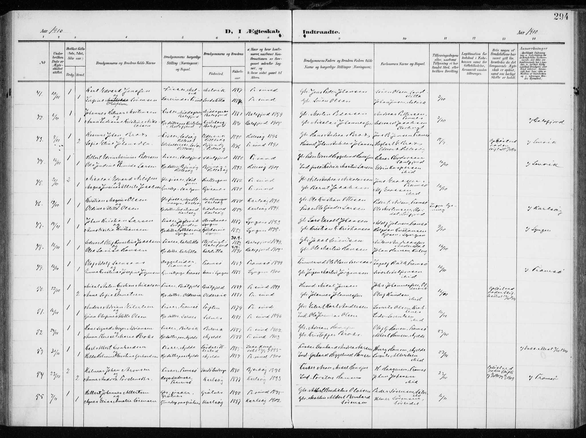 Tromsøysund sokneprestkontor, AV/SATØ-S-1304/G/Ga/L0007kirke: Parish register (official) no. 7, 1907-1914, p. 294