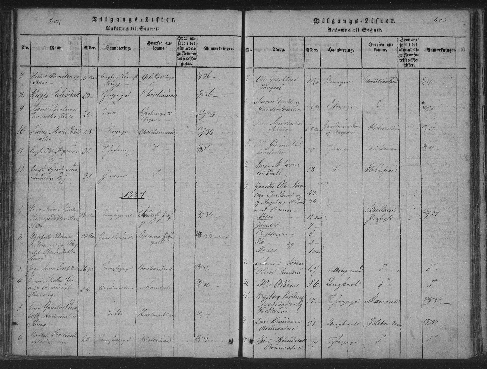 Søgne sokneprestkontor, SAK/1111-0037/F/Fa/Fab/L0008: Parish register (official) no. A 8, 1821-1838, p. 604-605