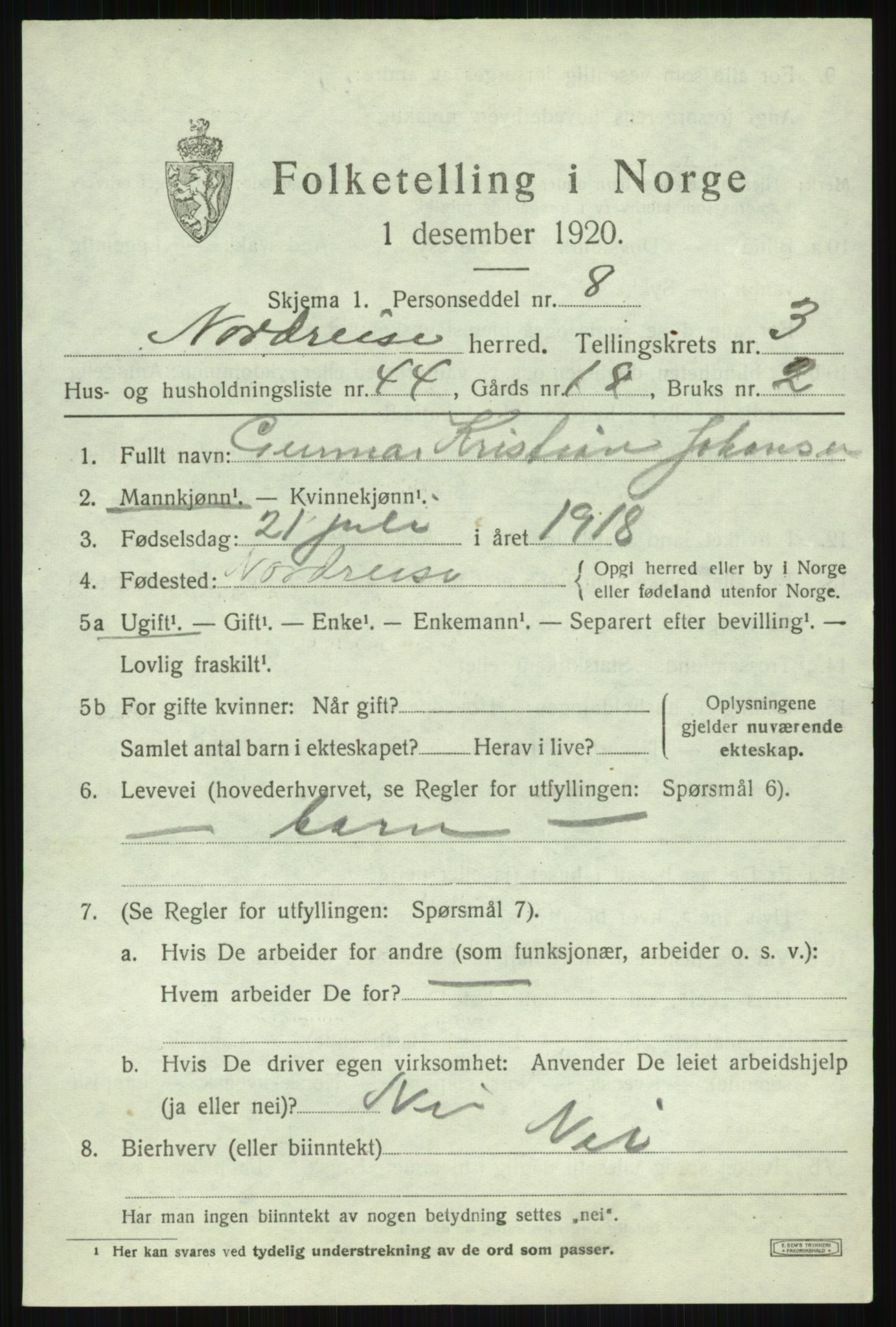 SATØ, 1920 census for Nordreisa, 1920, p. 1801