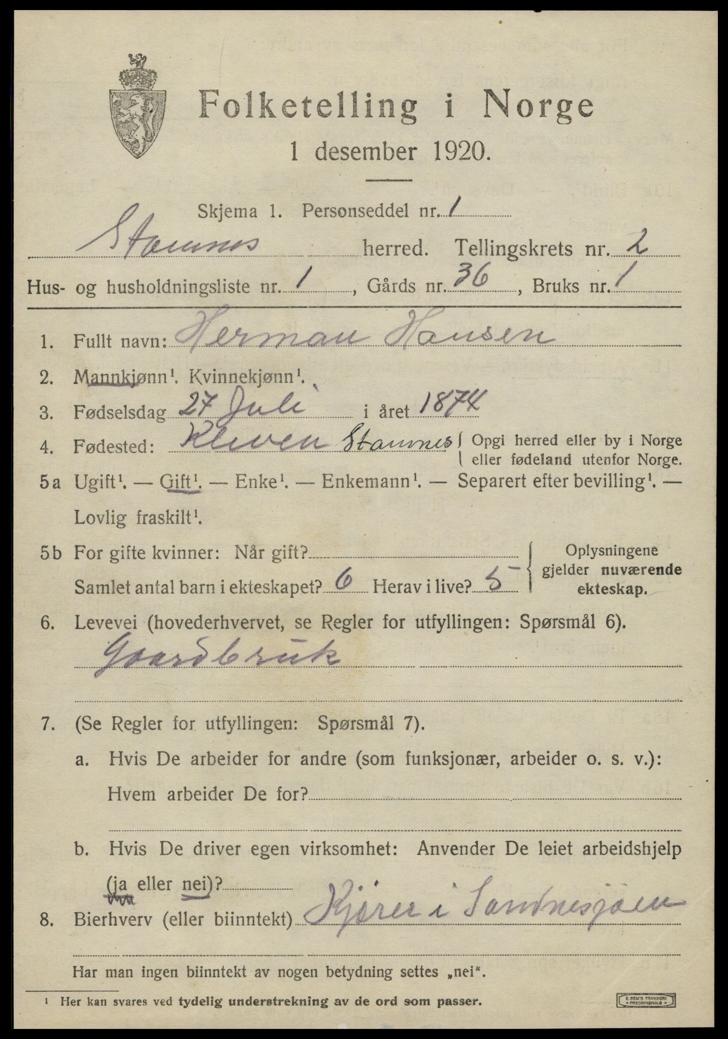 SAT, 1920 census for Stamnes, 1920, p. 2708