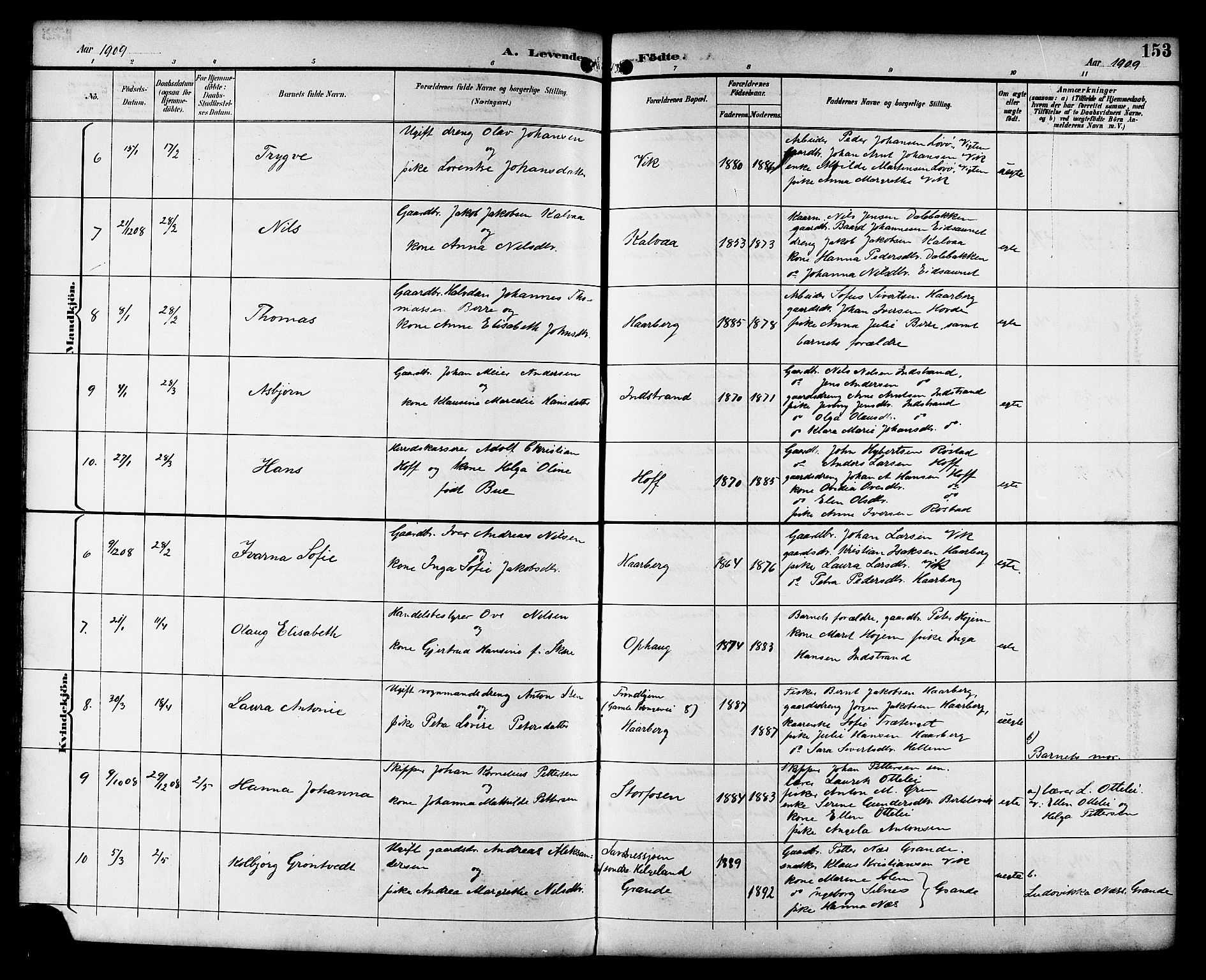 Ministerialprotokoller, klokkerbøker og fødselsregistre - Sør-Trøndelag, SAT/A-1456/659/L0746: Parish register (copy) no. 659C03, 1893-1912, p. 153