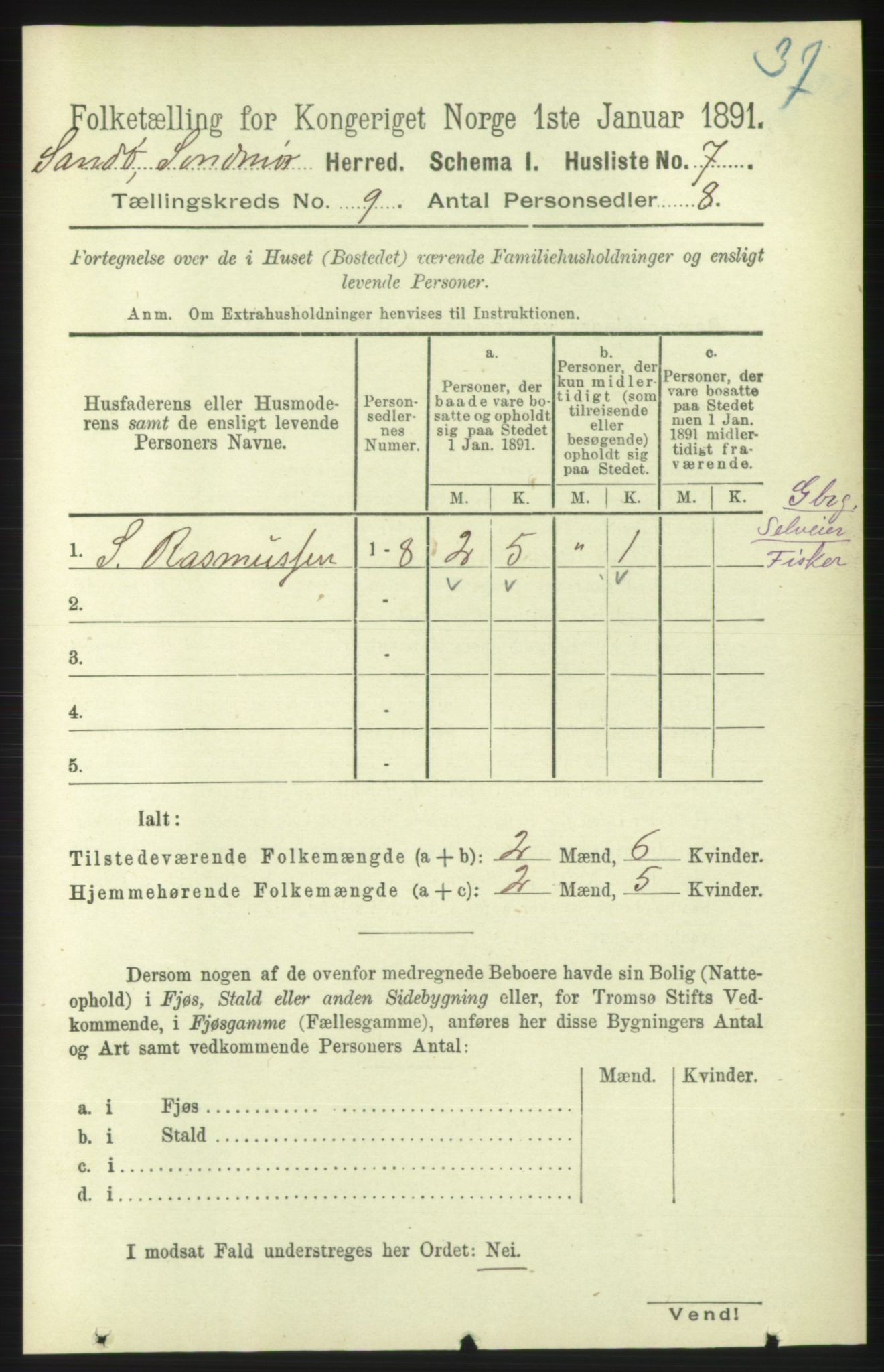 RA, 1891 census for 1514 Sande, 1891, p. 1453