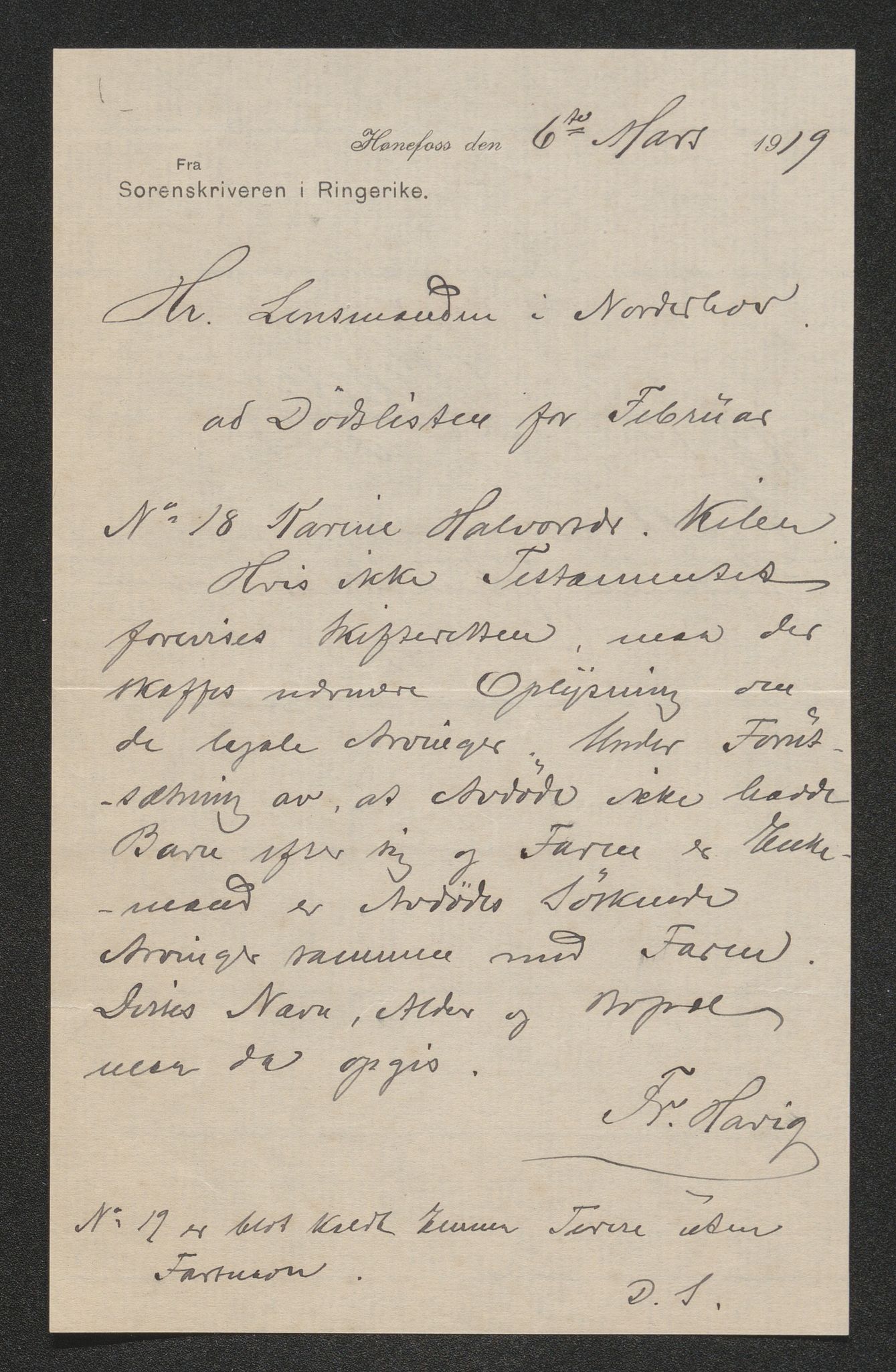 Ringerike sorenskriveri, AV/SAKO-A-105/H/Ha/Hab/L0012: Dødsfallslister Norderhov, 1909-1923