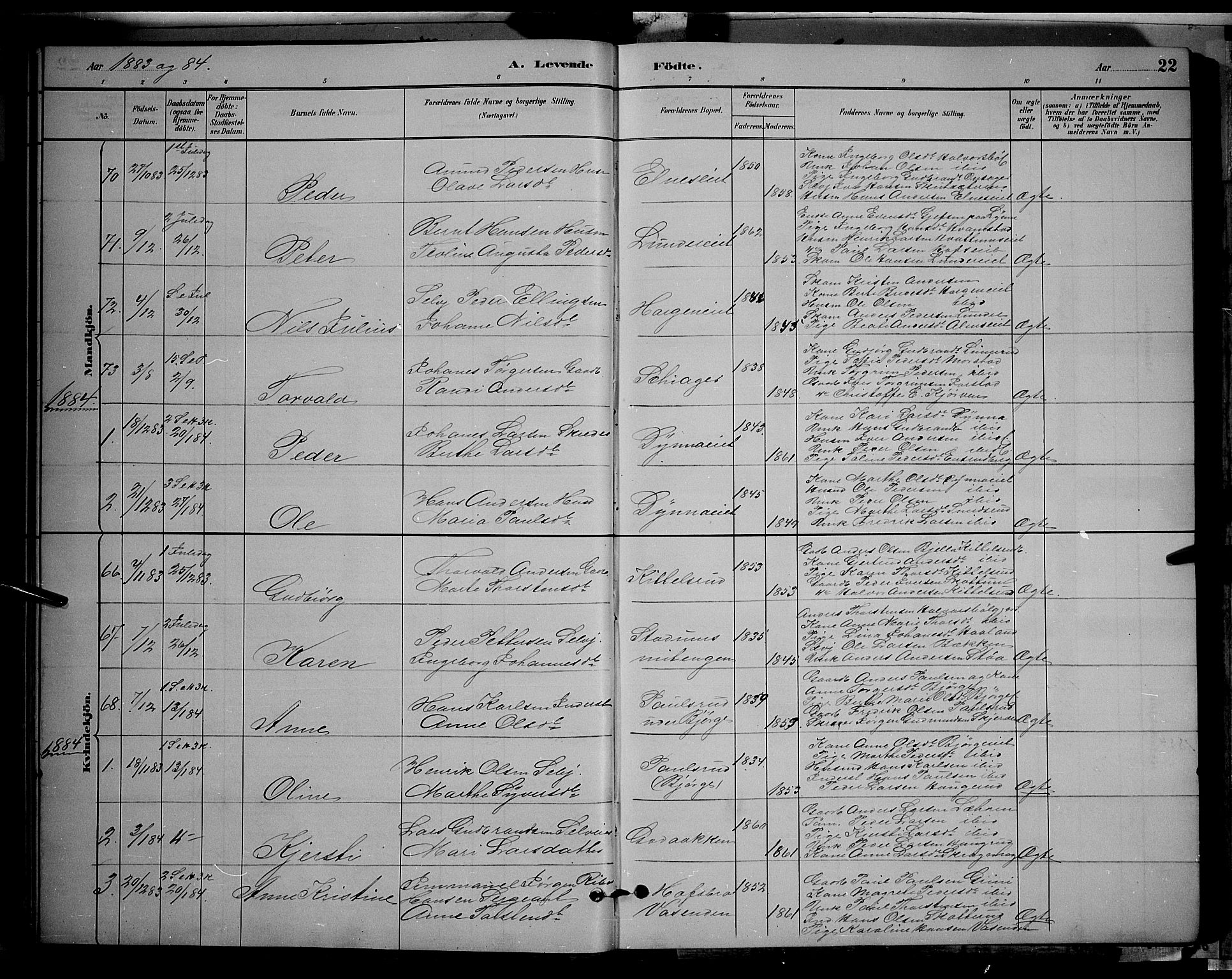 Gran prestekontor, SAH/PREST-112/H/Ha/Hab/L0002: Parish register (copy) no. 2, 1879-1892, p. 22