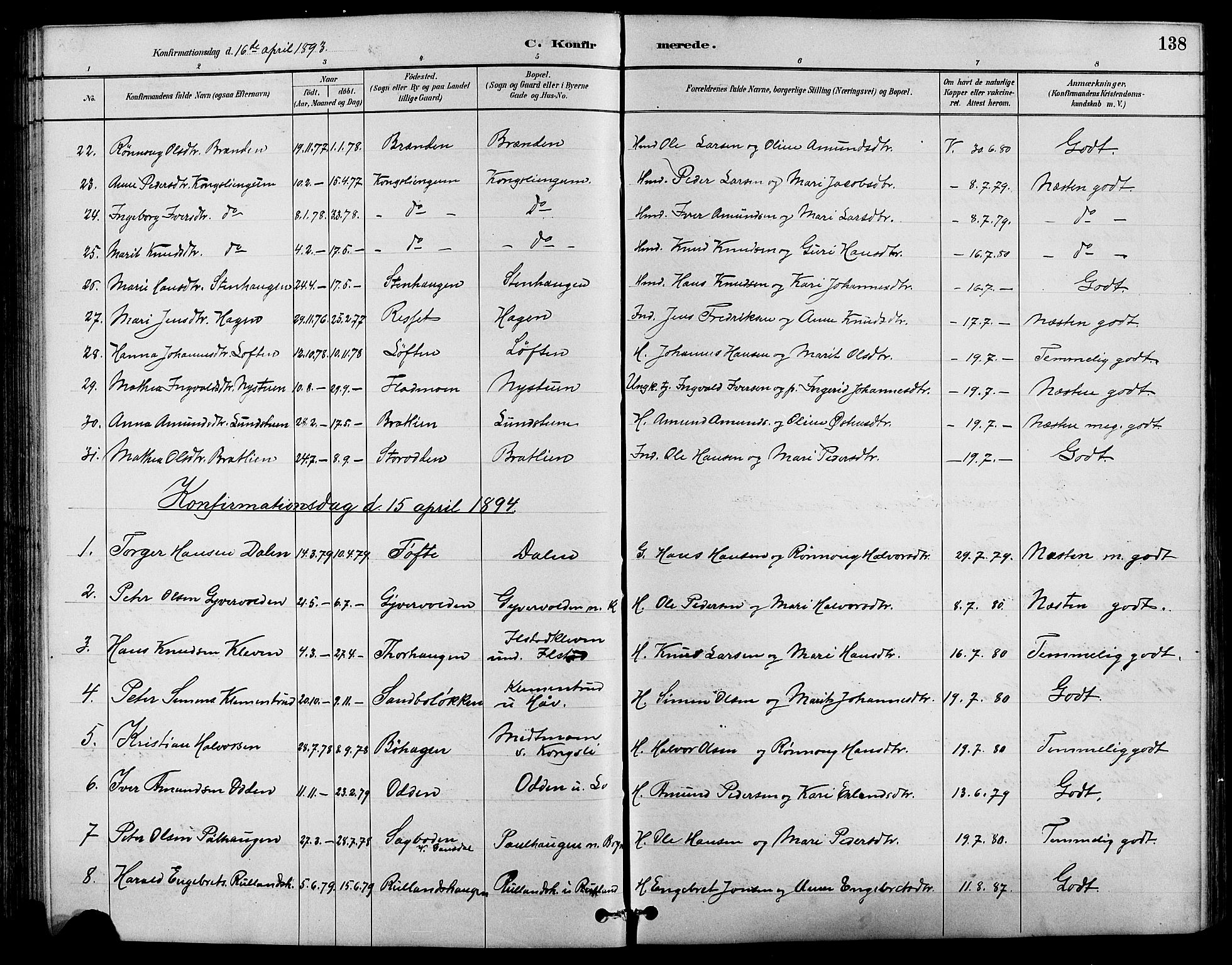 Nord-Fron prestekontor, SAH/PREST-080/H/Ha/Hab/L0004: Parish register (copy) no. 4, 1884-1914, p. 138