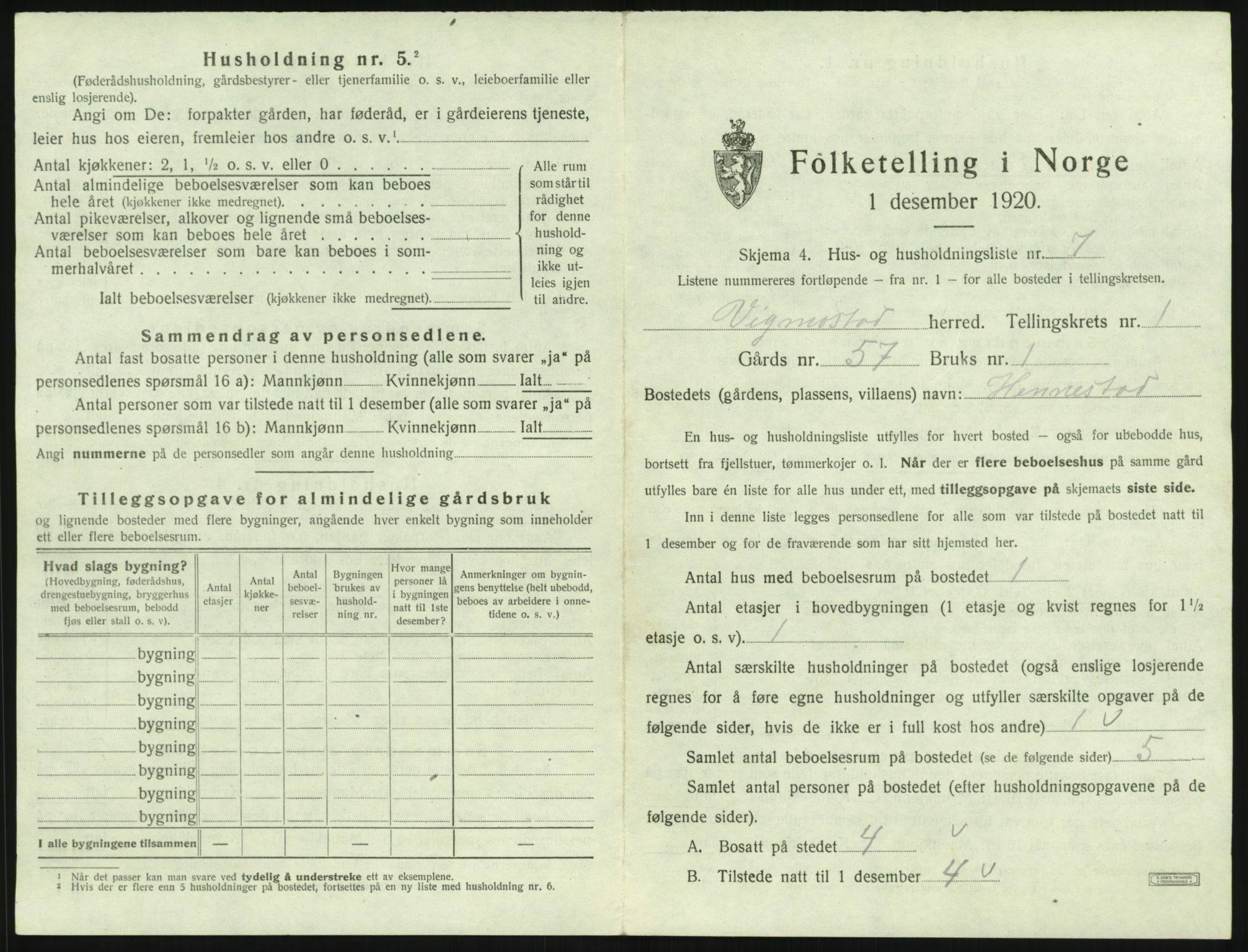 SAK, 1920 census for Vigmostad, 1920, p. 45