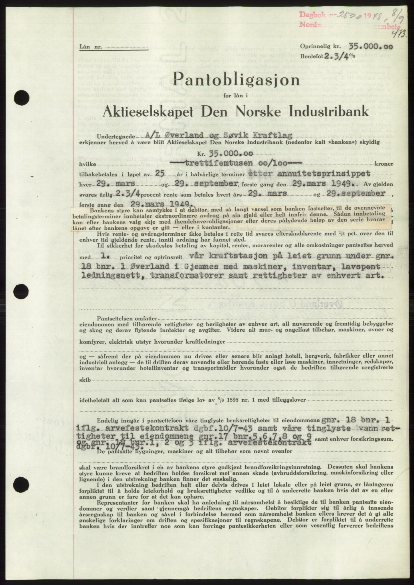 Nordmøre sorenskriveri, AV/SAT-A-4132/1/2/2Ca: Mortgage book no. B99, 1948-1948, Diary no: : 2520/1948