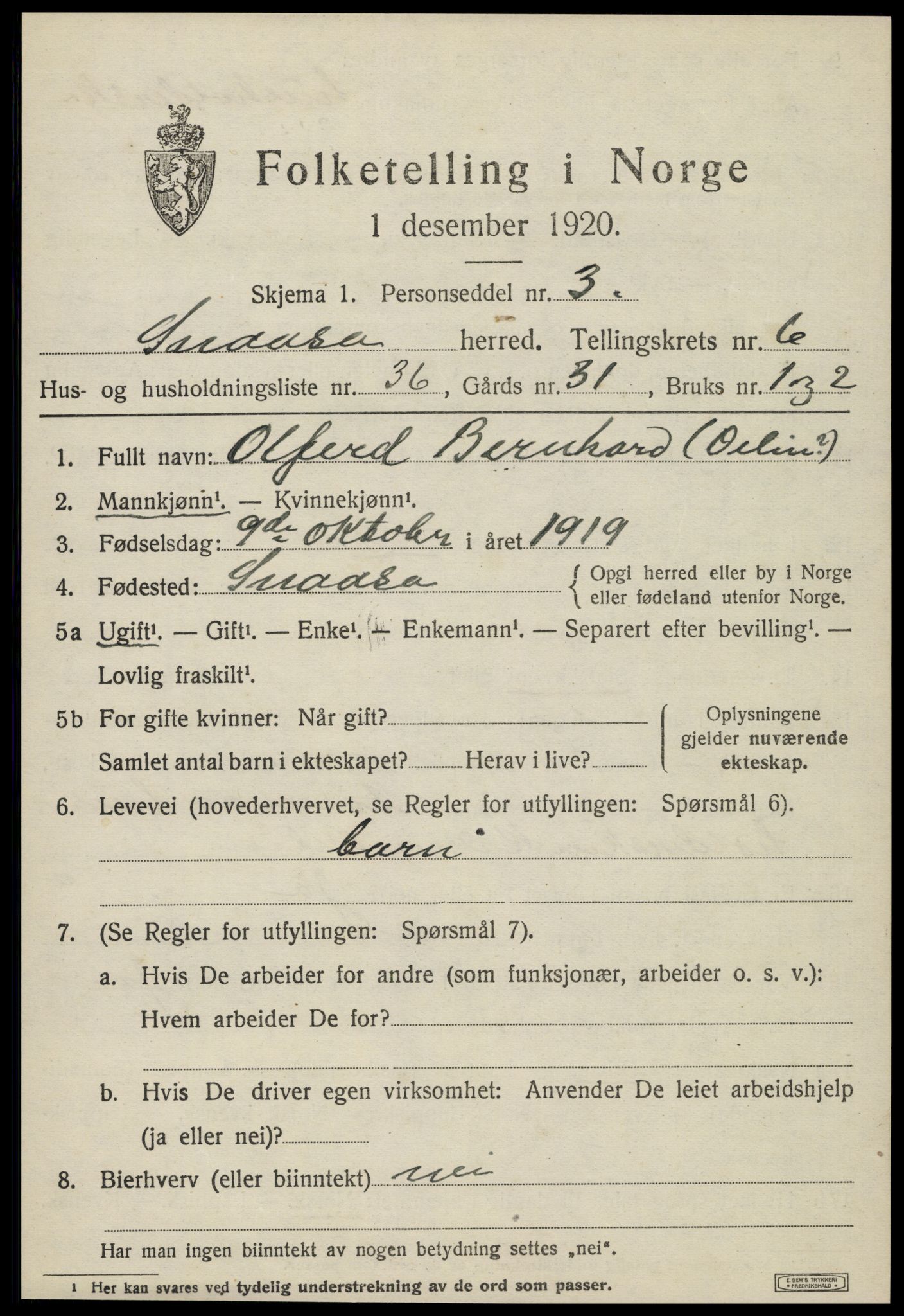 SAT, 1920 census for Snåsa, 1920, p. 2932