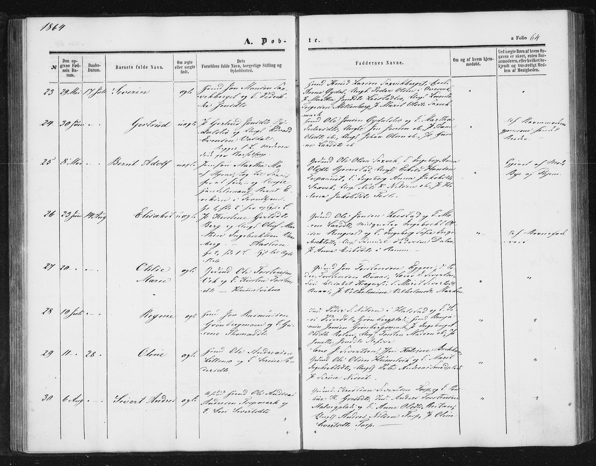 Ministerialprotokoller, klokkerbøker og fødselsregistre - Sør-Trøndelag, AV/SAT-A-1456/616/L0408: Parish register (official) no. 616A05, 1857-1865, p. 64