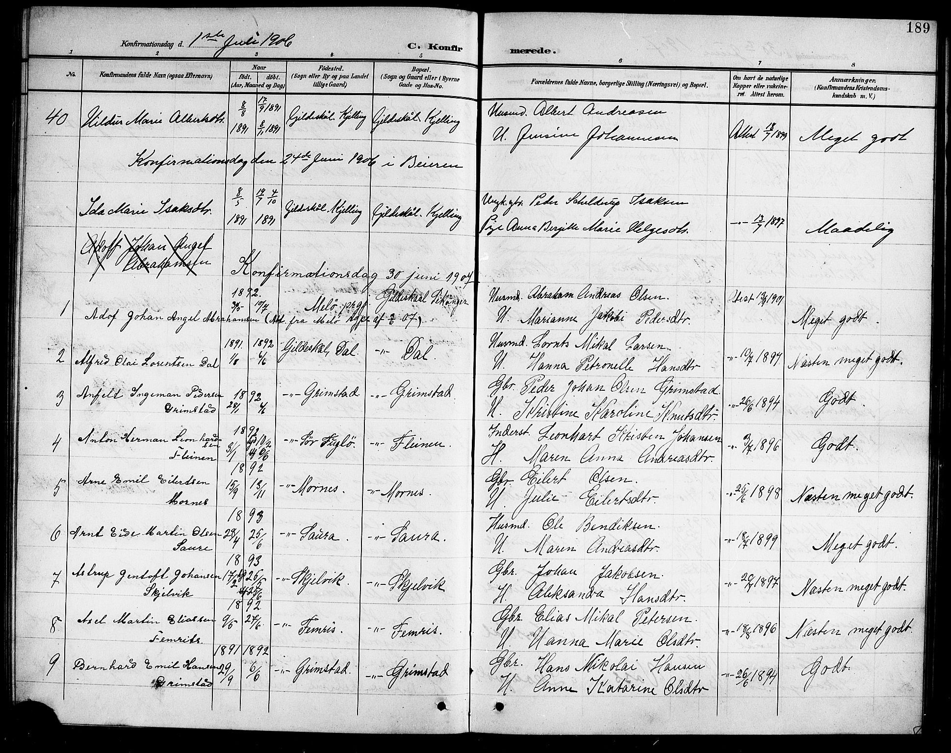 Ministerialprotokoller, klokkerbøker og fødselsregistre - Nordland, AV/SAT-A-1459/805/L0109: Parish register (copy) no. 805C05, 1900-1911, p. 189