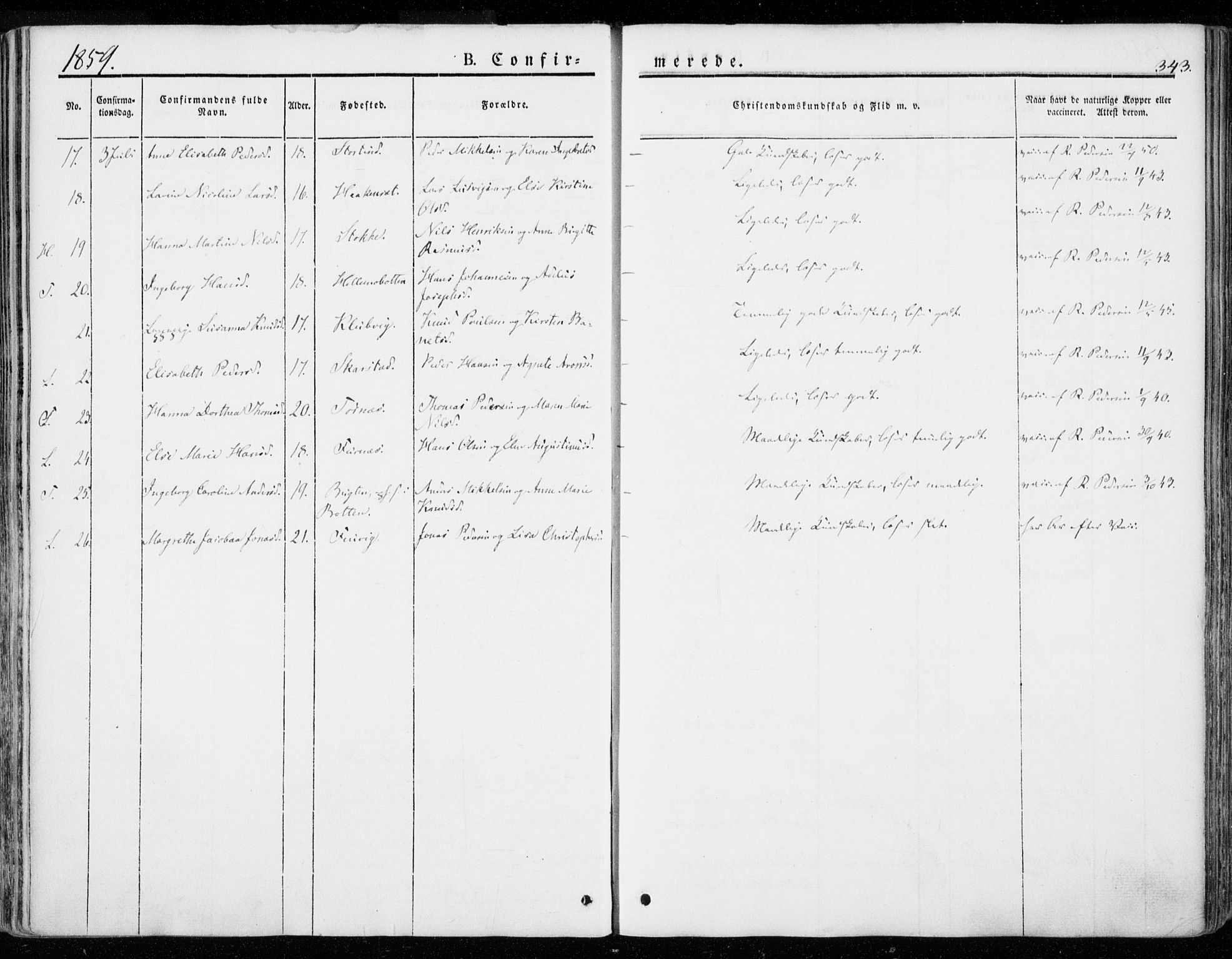 Ministerialprotokoller, klokkerbøker og fødselsregistre - Nordland, AV/SAT-A-1459/872/L1033: Parish register (official) no. 872A08, 1840-1863, p. 343