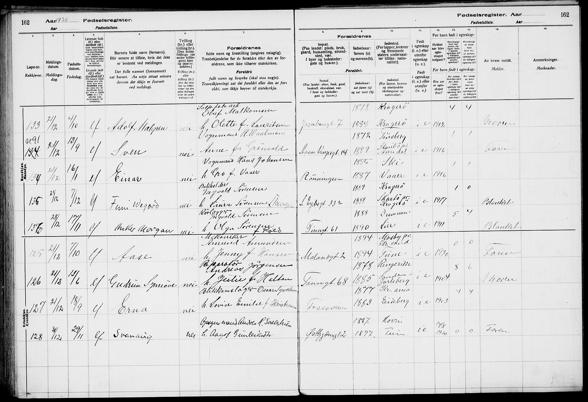 Rjukan kirkebøker, AV/SAKO-A-294/J/Ja/L0001: Birth register no. 1, 1916-1922, p. 162