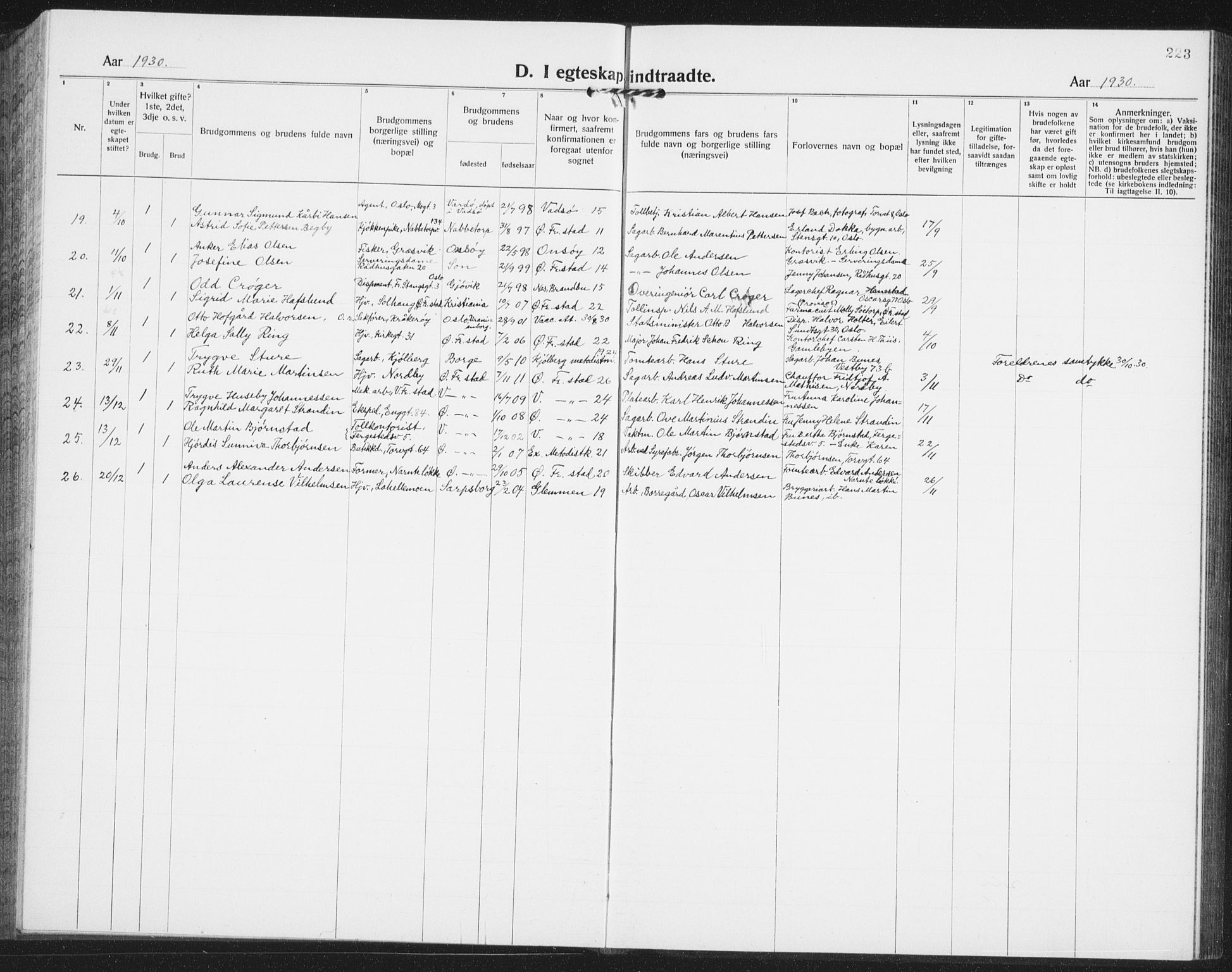 Østre Fredrikstad prestekontor Kirkebøker, SAO/A-10907/G/Ga/L0003: Parish register (copy) no. 3, 1920-1940, p. 223